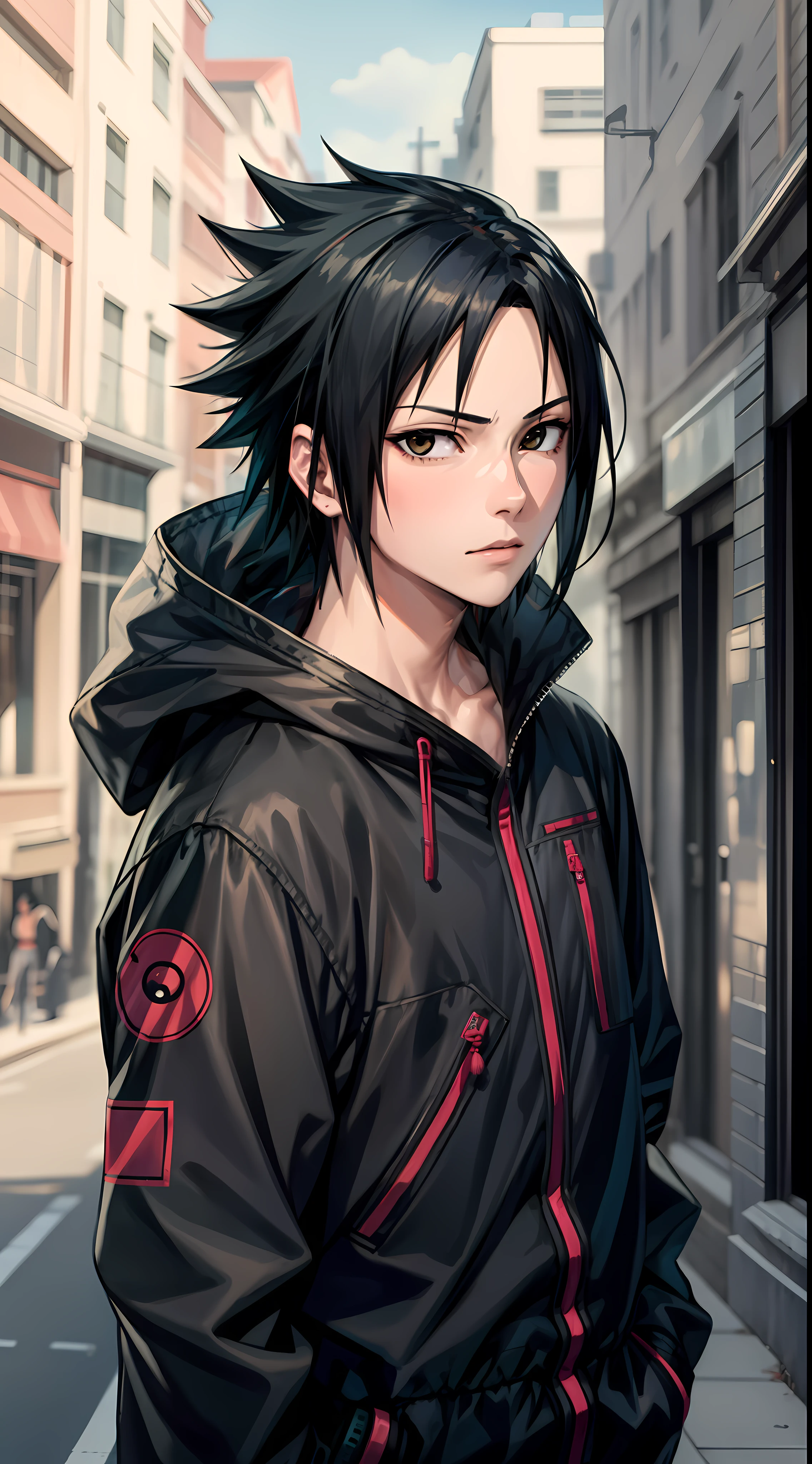 Masterpiece, 1boy, Superb Style, Urban Streetwear chothes, Outdoor, Upper Body, Uchiha Sasuke, bright eyes, black hair, cool boy