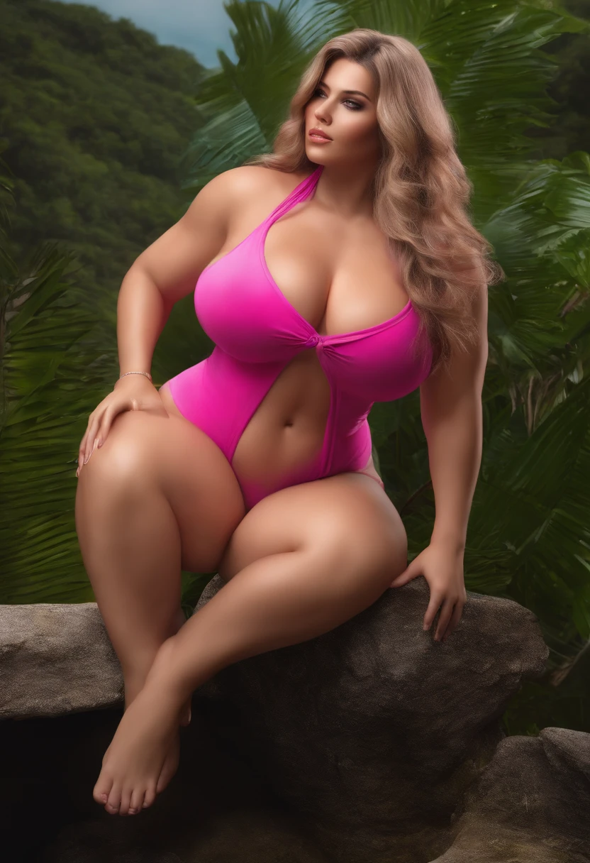 NSFW Realistic Photorealistic Pink Bikini Fat Body Type Sensual Bust Huge Ass Squat Open Legs