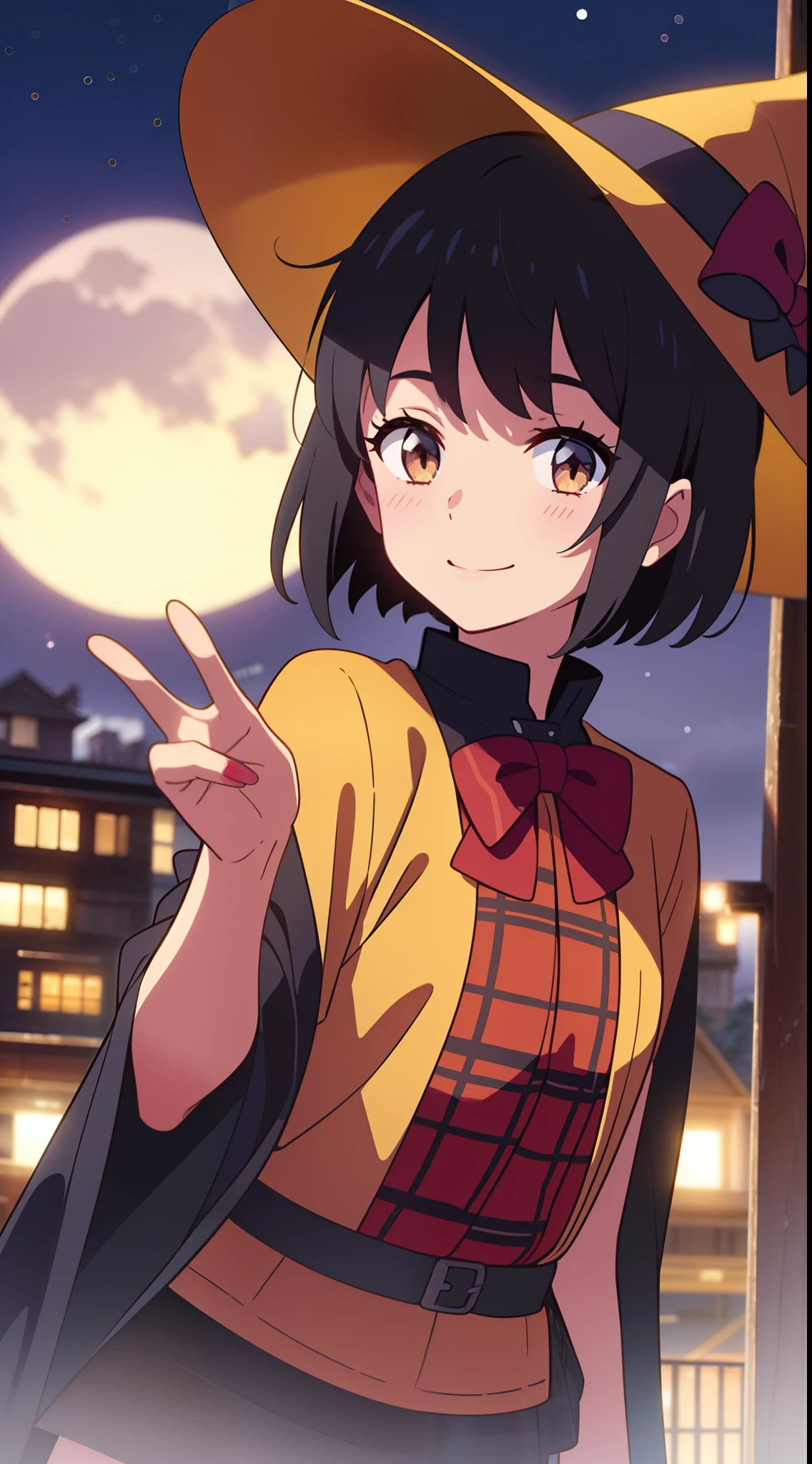 shinkai makoto, kimi no na wa., 1girl, bangs, black hair, blush, bow, brown eyes, looking at the viewer, short hair, smile, solo, happy, Halloween, black dress Halloween, Upper body, moon lighting, Perfect hand, Tokyo at night, outdoor, in a park, Halloween Decorations, Wizard Hat, cloaks, skirt, Plaid miniskirt