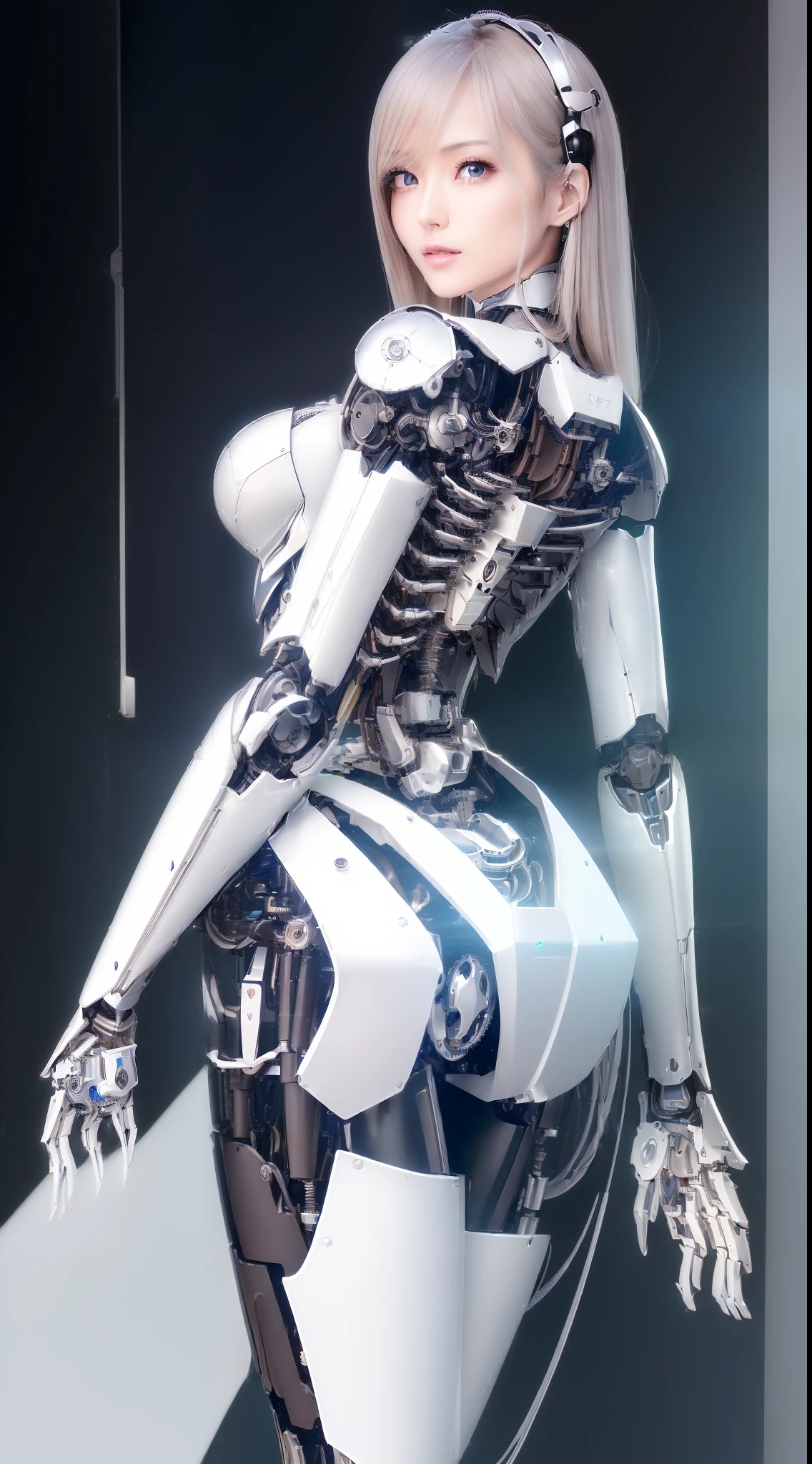(((master part)))), (((extremely high quality)))), ((Ultra Definition)), (Fotorealidade muito detalhada), (((Muito delicado e bonito)), mega qualidade, 4k, Ultra resolution, (Rosto delicado e bonito), Cinematic light, (((Mulher android))), woman with mechanical parts, mulher com proteses mecanicas, mechanical veins, belly with mechanical parts, mechanical bone spines, mechanic legs, pernas mecanizadas, mechanical arms, robot arms, luz neon, luz led, (Olhos brilhantes), (Neon light eyes), (((Sentado))), in the sitting position, sentada, ((Cables connected to body prostheses)), (Cables connected to the arms), (Mechanical cables connected to the back), (Cabos conectados as pernas), ((Pernas muito detalhado)), ((Very detailed arms)), ((Ultra detailed prosthetics)), ((Corpo ultra detalhado)), (Peças com extremely high quality)