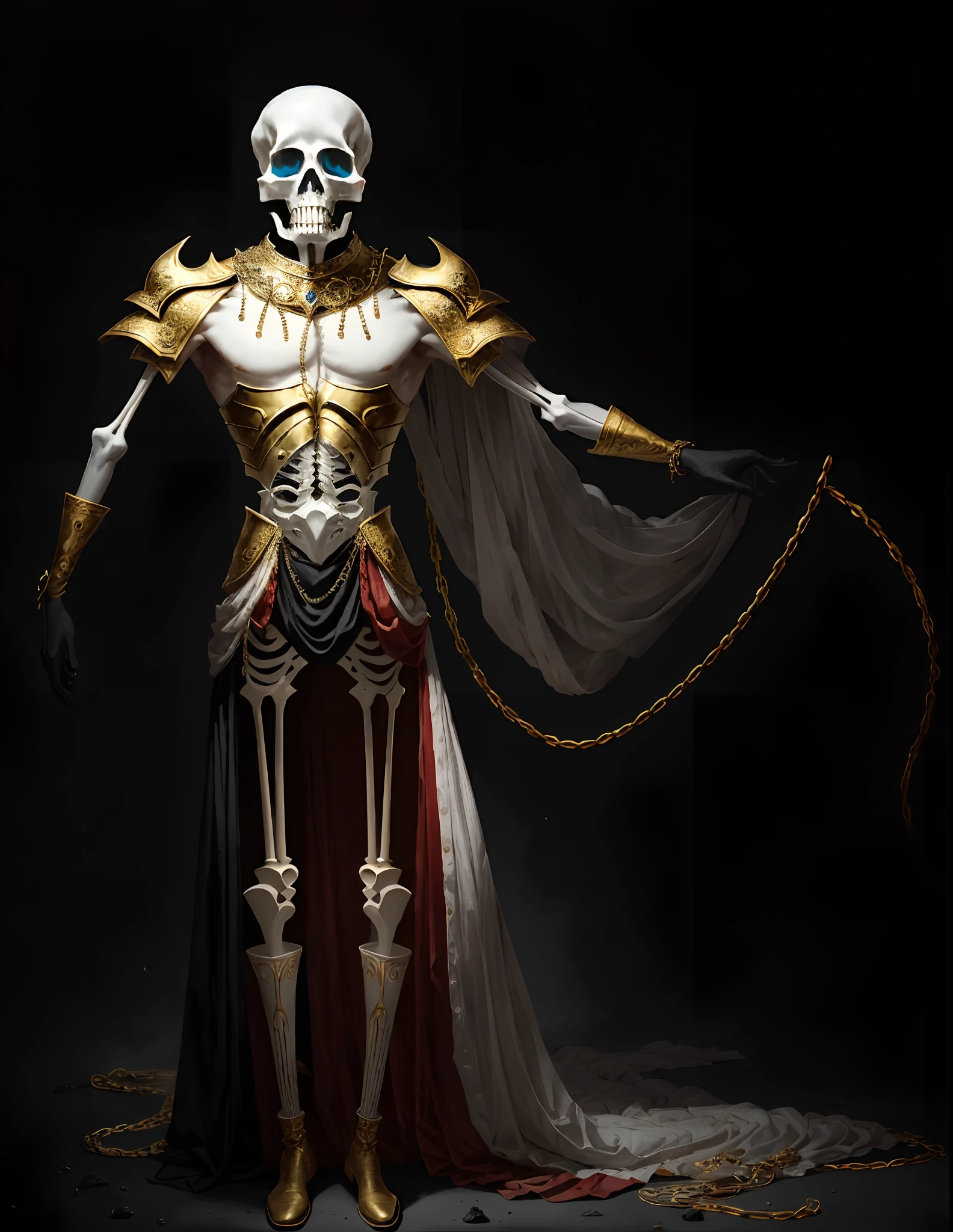In this form, he looks like Preta Ghost. the Emperor appears as a gaunt and emaciated figure, with sunken eyes and an insatiable, ghostly hunger. His presence evokes the desperation of the Hungry Ghosts. His limbs stretch grotesquely, emphasizing his never-ending craving, and his skeletal appearance is adorned with golden chains and jewels, symbolic of material desires.