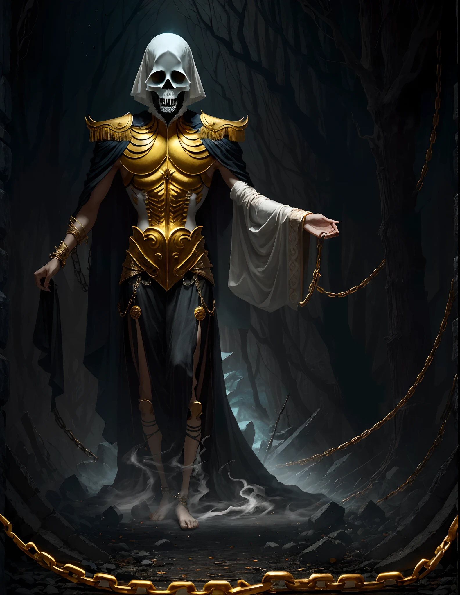 In this form, he looks like Preta Ghost. the Emperor appears as a gaunt and emaciated figure, with sunken eyes and an insatiable, ghostly hunger. His presence evokes the desperation of the Hungry Ghosts. His limbs stretch grotesquely, emphasizing his never-ending craving, and his skeletal appearance is adorned with golden chains and jewels, symbolic of material desires.