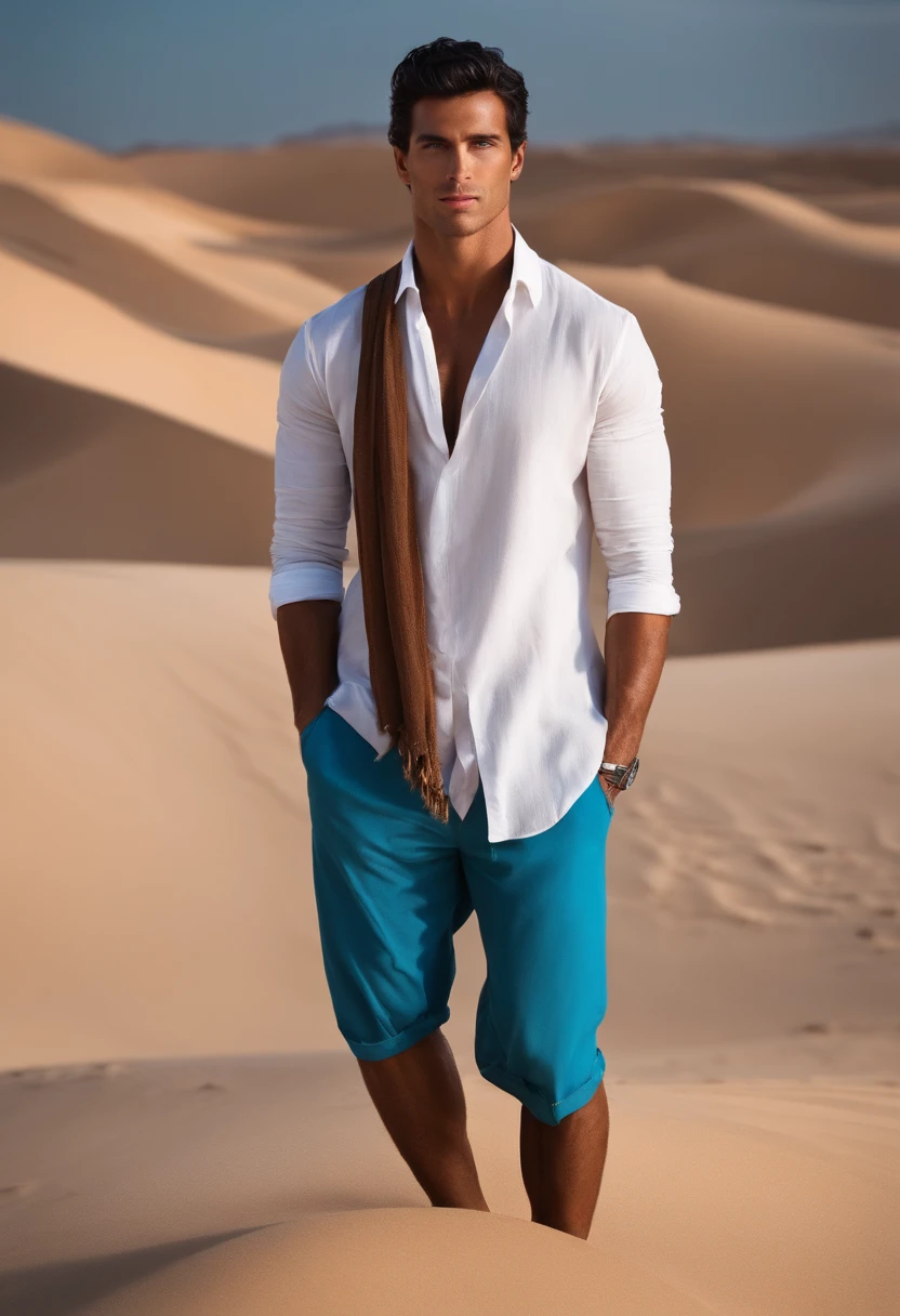 desert, Sand, Tall and tanned guy, black hair, blue eyes