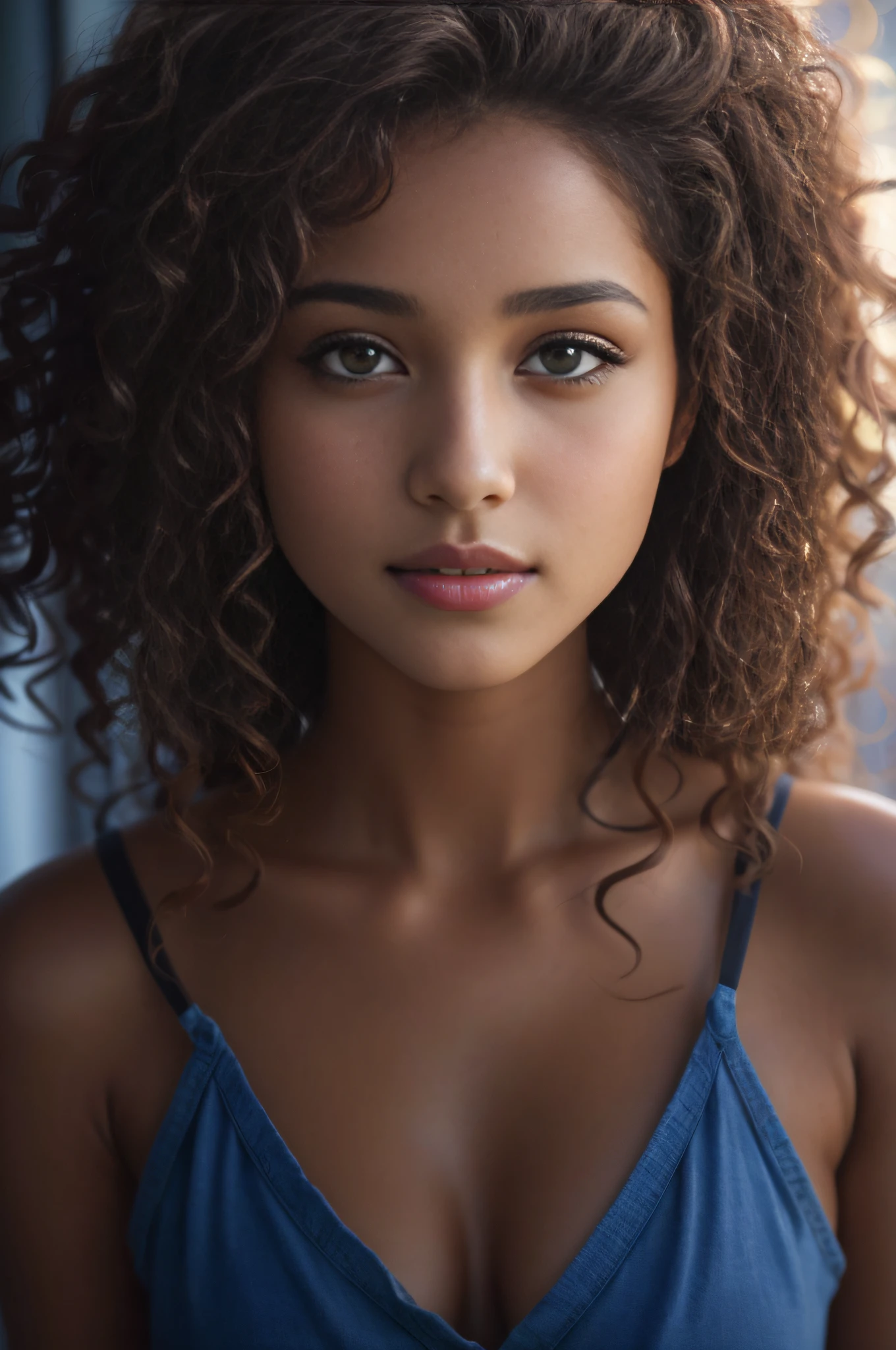 Masterpiece. Best quality, Young woman with brown skin with green eyes and curly hair posing for a photo, hispanic, soft portrait shot 8 k, Belle jeune fille, Belle image portrait, photo of a beautiful woman, visage et yeux parfaits, magnifique portrait de visage, belle jeune femme, Belle photo portrait, beautiful model girl, extremely beautiful face, Very beautiful young woman, beautiful girl model, Beautiful 8K UHD portrait lighting, DSLR, High quality, grain du film, Fujifilm XT3