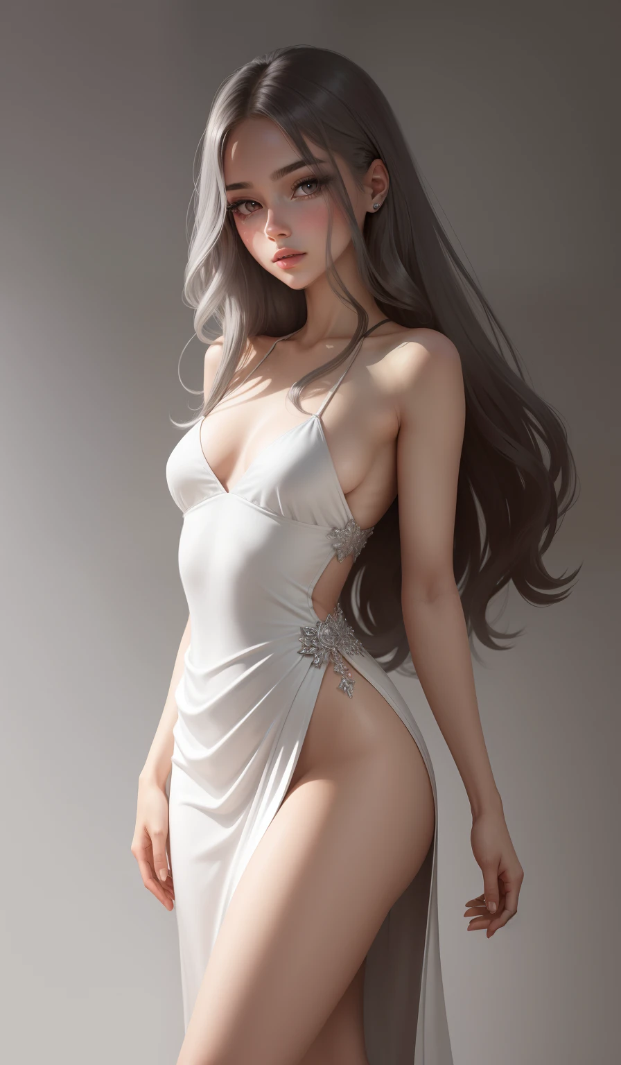 a woman in a long silver solid draped spaghetti dress, silver high heels, diamond hair piece, , shoulder length slightly wavy hair, ((dark brown )) and gleaming detailed vibrant heterochromatic eyes one dark grey one gold eye, slim frame, medium breasts, long legs, beautiful face, small butt size, small feet size, small hand size, perfect hands, scary face, beautiful face, pretty face, hot woman, British woman, cream skin, small soft pink lips , medium breast size, slim figure, standing pose, soft features, cute girl, perfectly framed face, soft pink lips, glossy lips