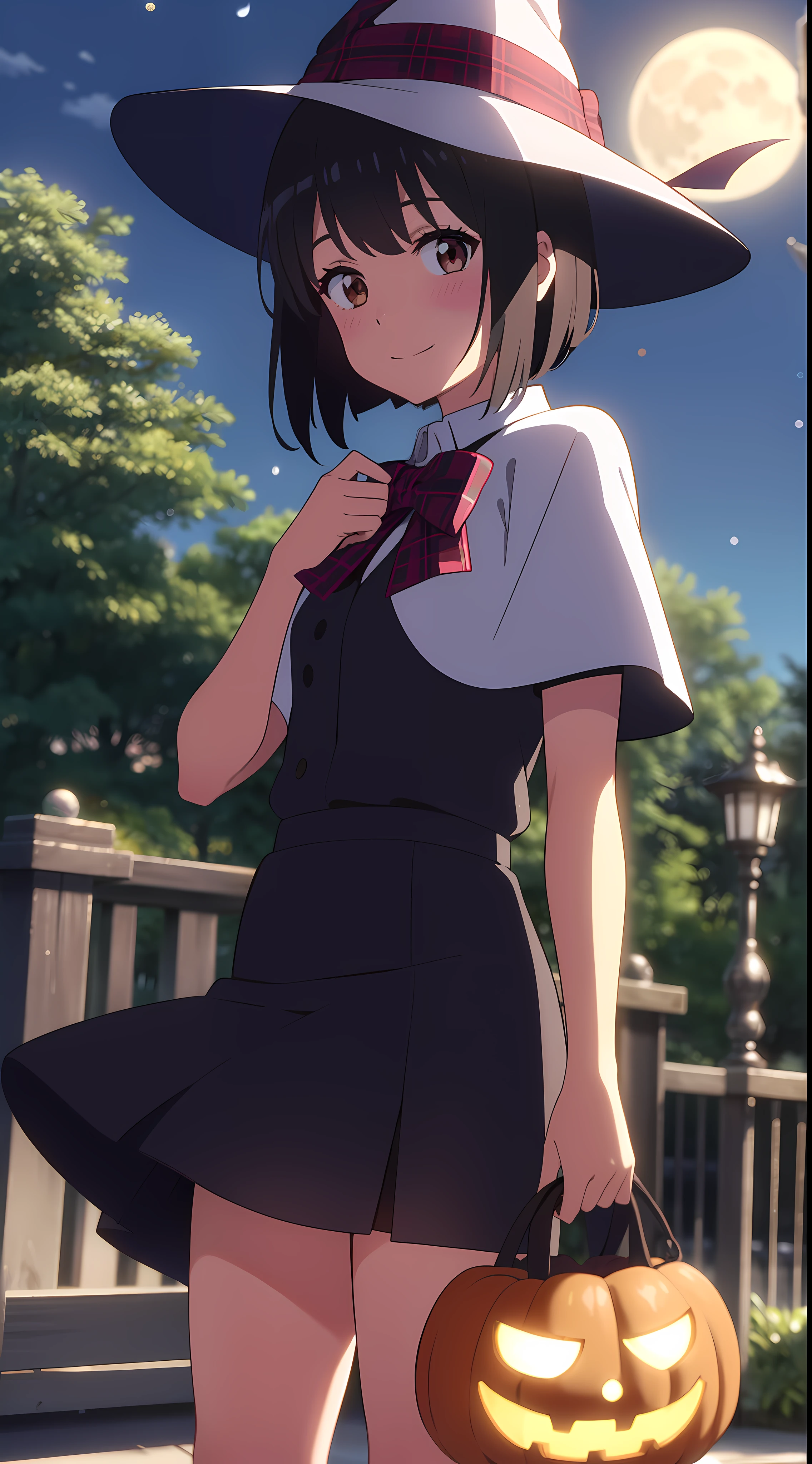 shinkai makoto, kimi no na wa., 1girl, bangs, black hair, blush, bow, brown eyes, looking at the viewer, short hair, smile, solo, happy, Halloween, black dress Halloween, Upper body, moon lighting, Perfect hand, Tokyo at night, outdoor, in a park, Halloween Decorations, Wizard Hat, cloaks, skirt, Plaid miniskirt