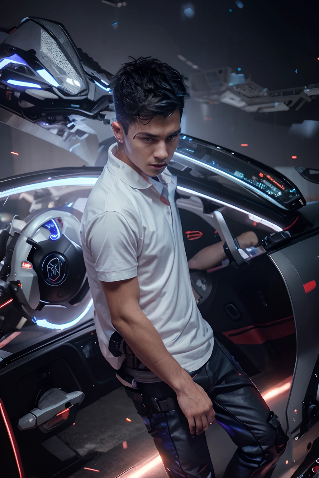 Change background cyberpunk handsome.  boy, realistic face, 8k, ultra realistic,