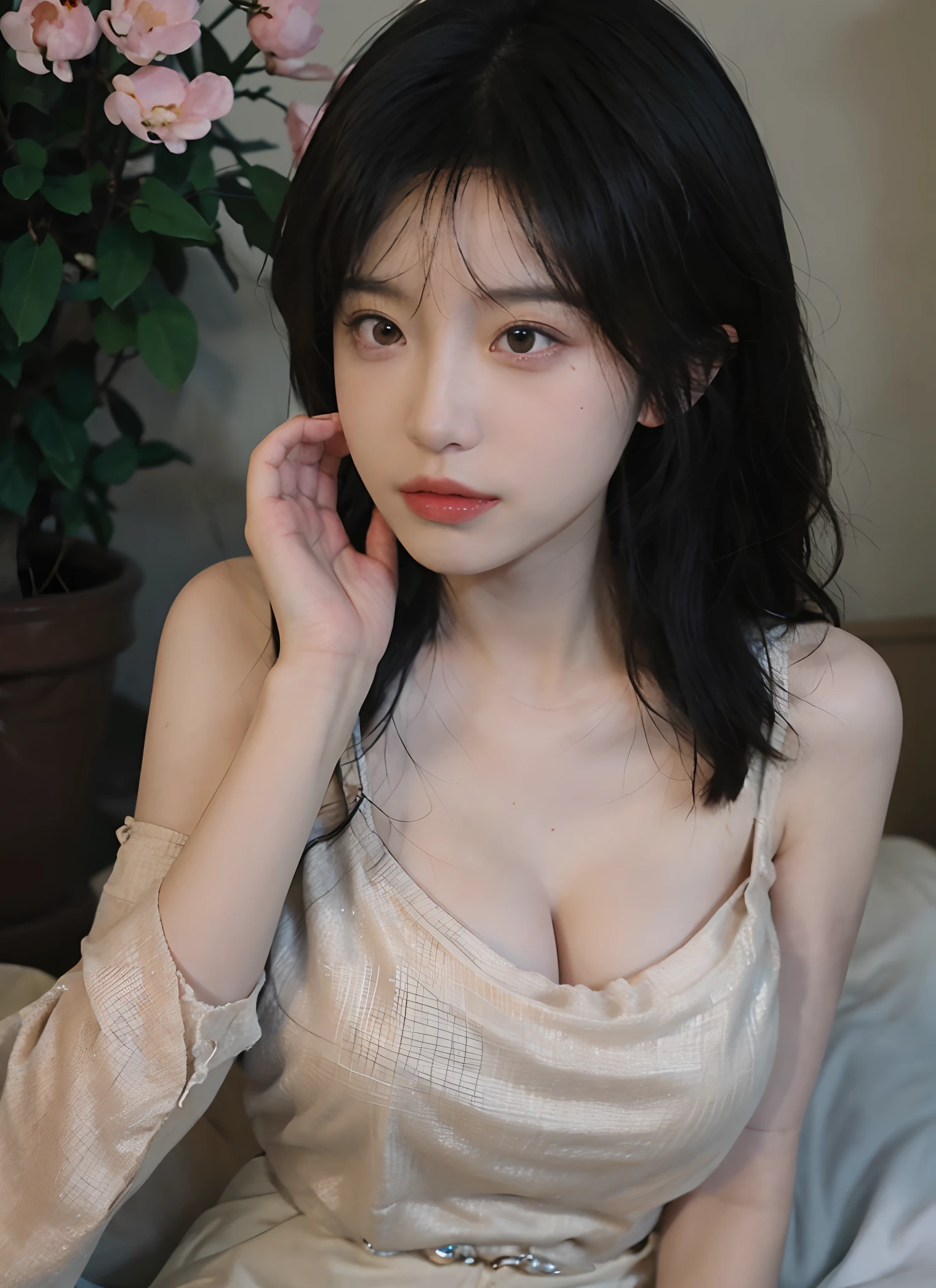 best qualtiy， 超高分辨率， （realisticlying：1.4）， one-girl， A pair of clear and moving peach blossom eyes,Royal Sister，Black long straight，Yellow tight skirt， （big cleavage breasts：1.2）， looking at viewert， closeup cleavage ，