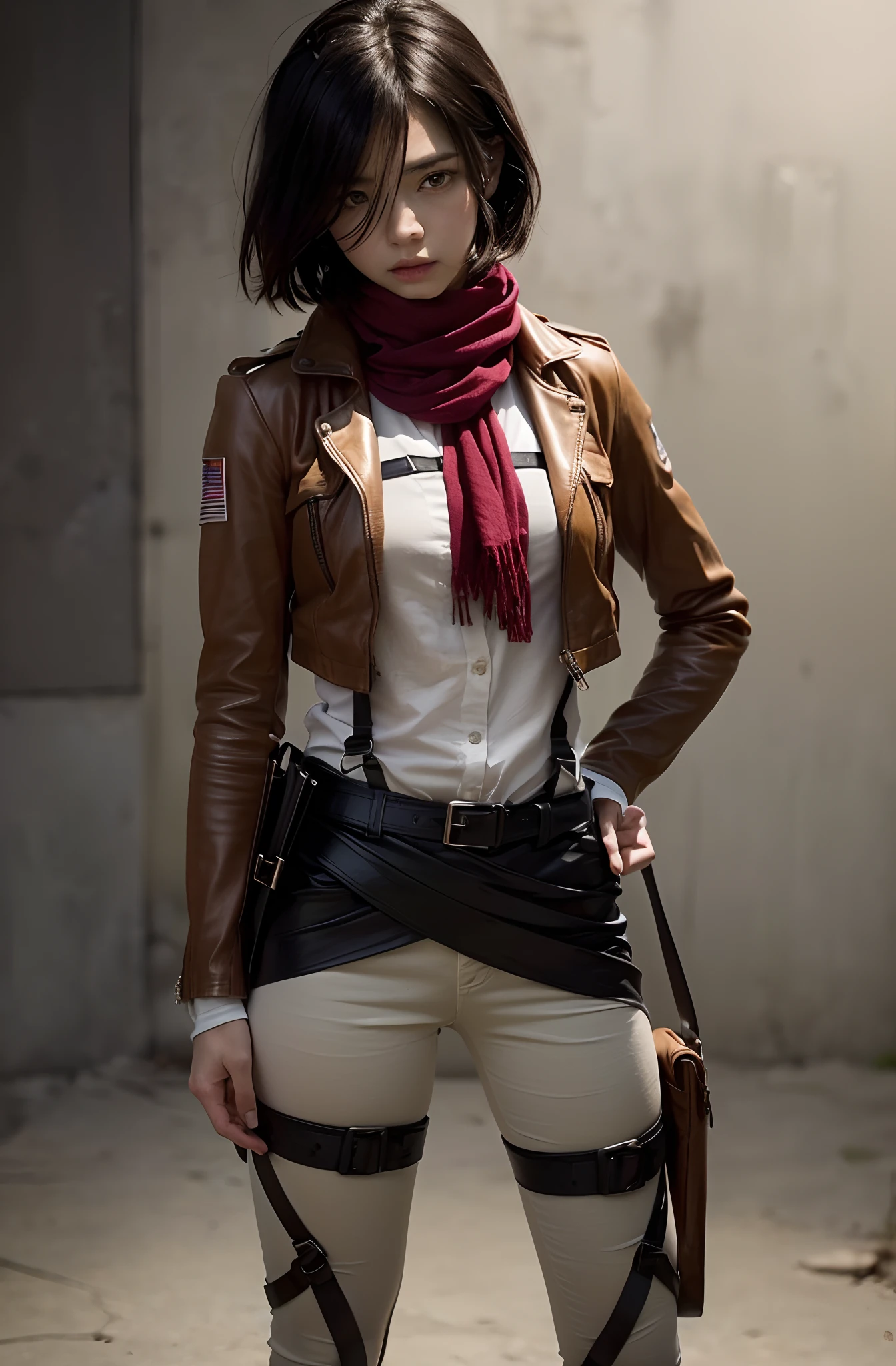 araffed woman in a leather jacket and scarf posing for a picture, from attack on titan, full-cosplay, mikasa ackerman, looking like annie leonhart, realistic cosplay, in attack on titan, cosplay, female protagonist 👀 :8, anime girl cosplay, annie leonhart, professional cosplay, attack on titan anime style, anime cosplay