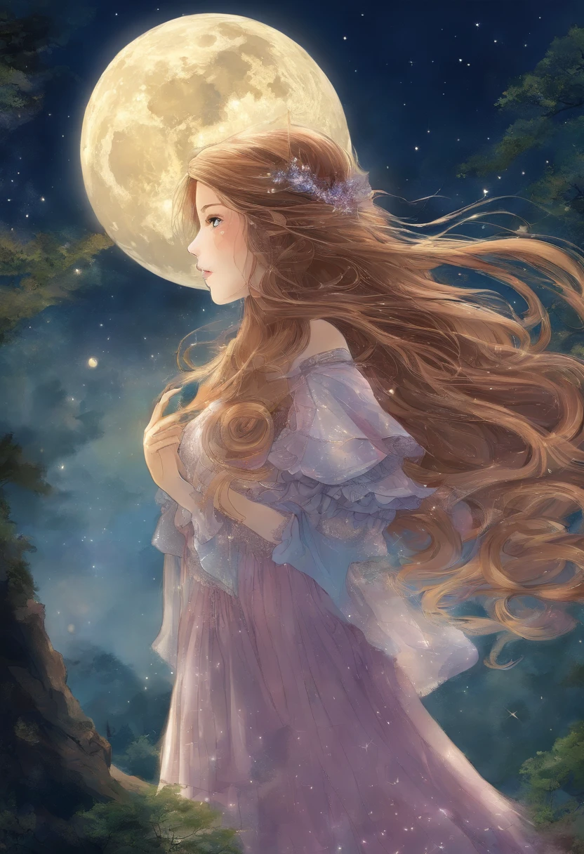 Sky at full moon、Close Sky、Girl looking at the sky forest, Girl with long hair, Long hair, a girl standing