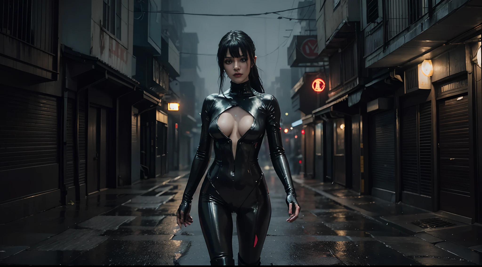 Half body shot of a goth woman dressed in lather bodysuit standing in a cyberpunk city alley at night while raining, rainy night, thriller movie atmosphere, dark scenario, cinematic, ultra detailed.