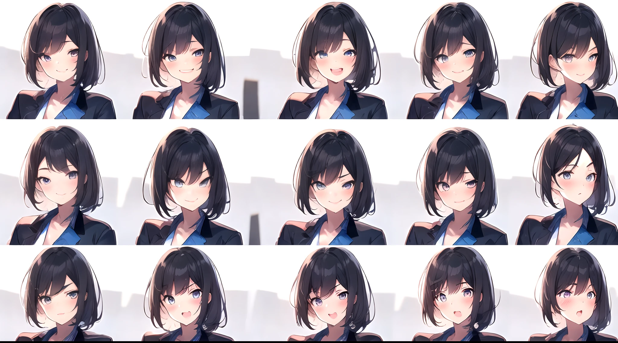 1girll,looking toward the viewer,greybackground,face expression,The same person,9 Facial expressions,grid,Exposed short hair,cheveux gris courts,Purple eyes,Smile,Laughing,Crying,Tired,Sly laughter,Shy,face expressionless,Surprised,half-body portrait,Break,black black jacket,smiling wryly,Best quality,Masterpiece,Highly detailed,Super detailed,8K