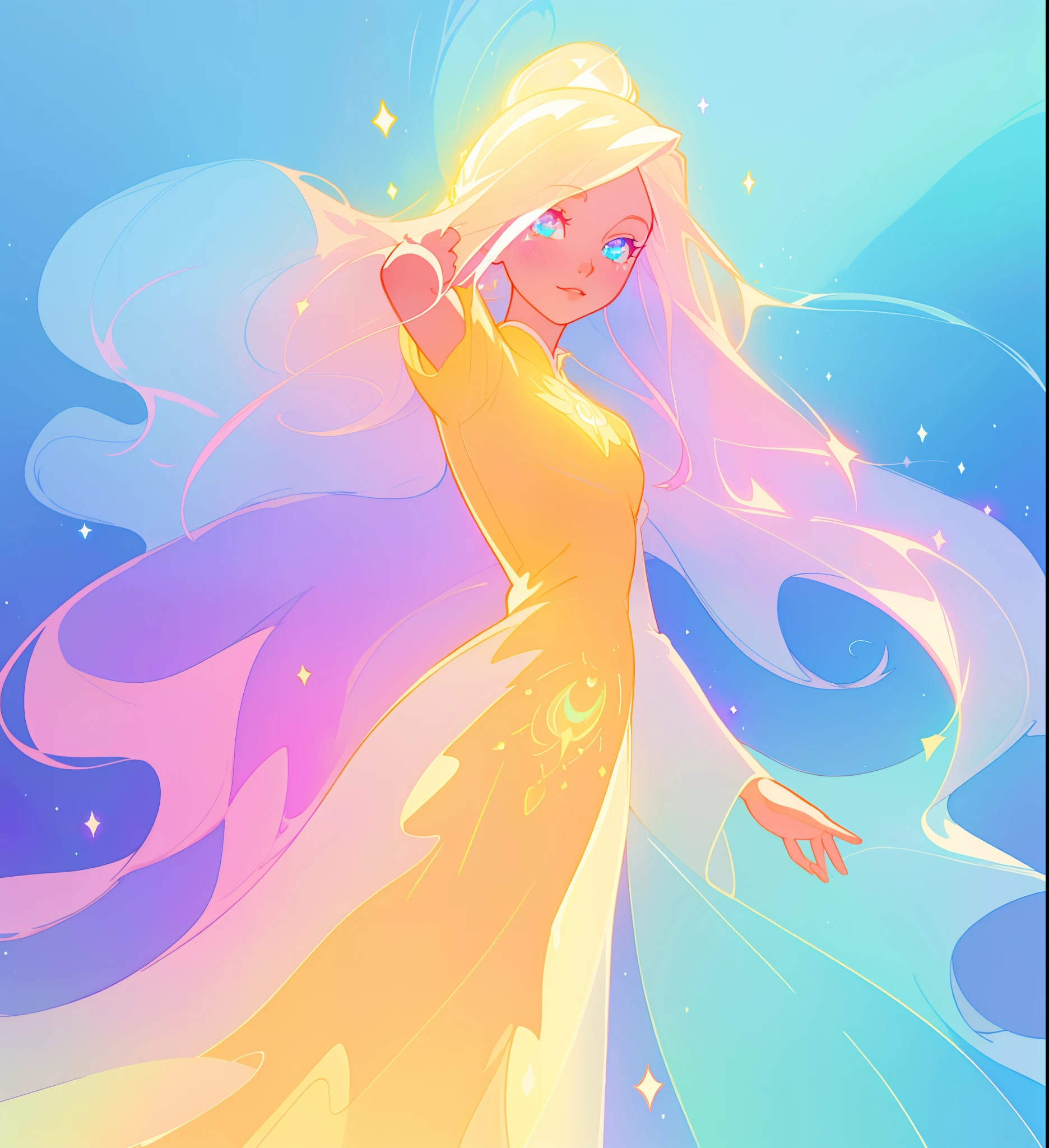 beautiful girl, flowing liquid colorful dress, vibrant pastel colors, (colorful), long flowing colorful hair, magical lights, sparkling magical liquid, inspired by Glen Keane, inspired by Lois van Baarle, disney art style, by Lois van Baarle, glowing aura around her, by Glen Keane, jen bartel, glowing lights! digital painting, flowing glowing hair, glowing flowing hair, beautiful digital illustration, fantasia background, whimsical, magical, fantasy, ((beautiful face)), ((masterpiece, best quality)), intricate details, highly detailed, sharp focus, 8k resolution, sparkling detailed eyes, liquid watercolor