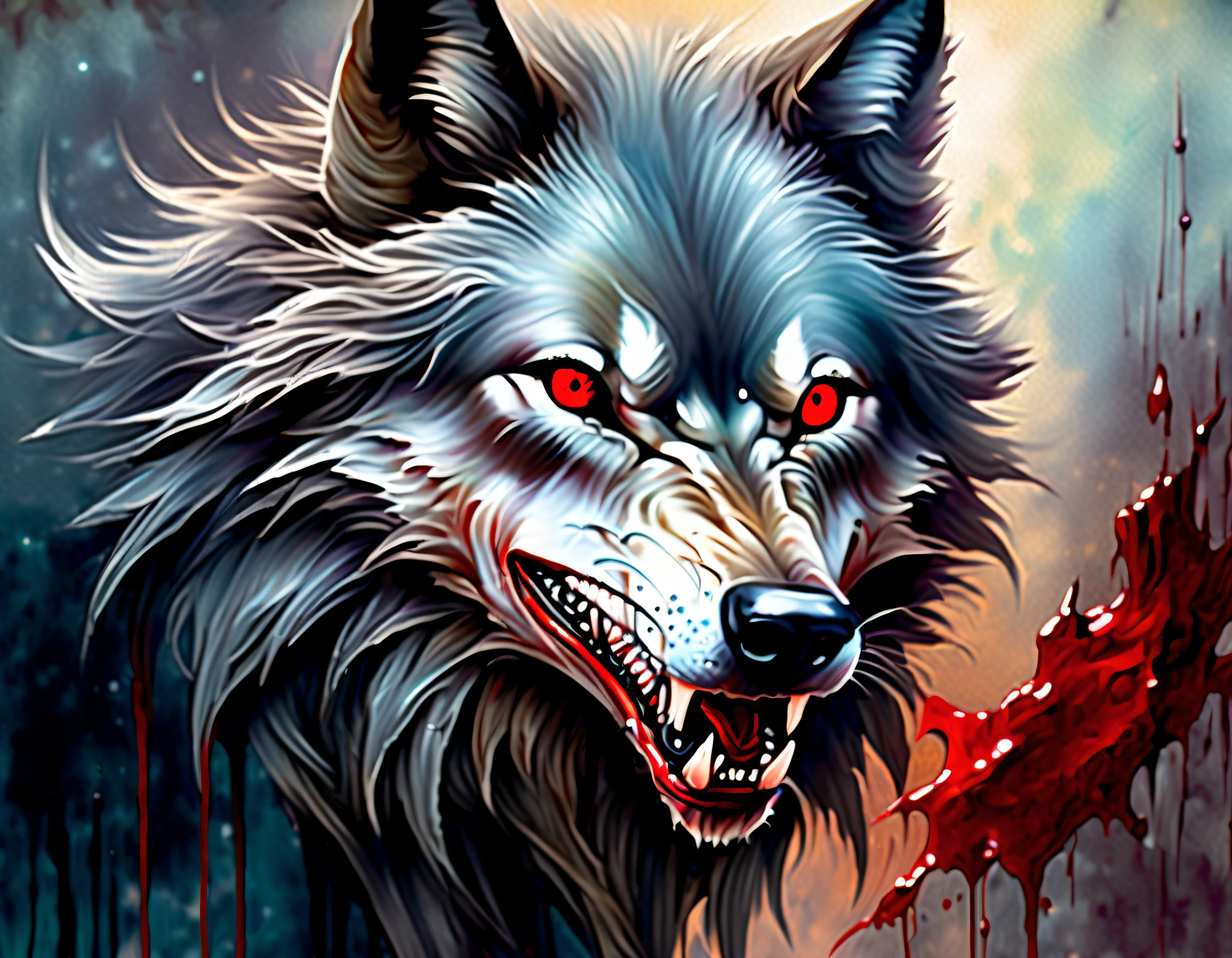 (((dark fantasy and mysterious stunning oil paint vampire wolf dutch angle illustration:1.3))), (((growl expression:1.1))), (both beautiful and ridiculously absurdly cute:1.1), piercing gaze, (((vampire fang of dripping blood:1.3))), fur skin glows with a celestial radiance, mesmerizing shade of iridescent silver background intricate detailed, jagged edges shimmering crystalline structure background intricate detailed, fantastical realm and ethereal presence, mix of vintage and modern elements, ethereal blood mist, every brushstroke capturing with radiates with a sense of grandeur, (enhancing the ethereal nature:1.2), (((watercolor and oil paint technique adds a dreamy quality:1.2))), extremely delicate details,