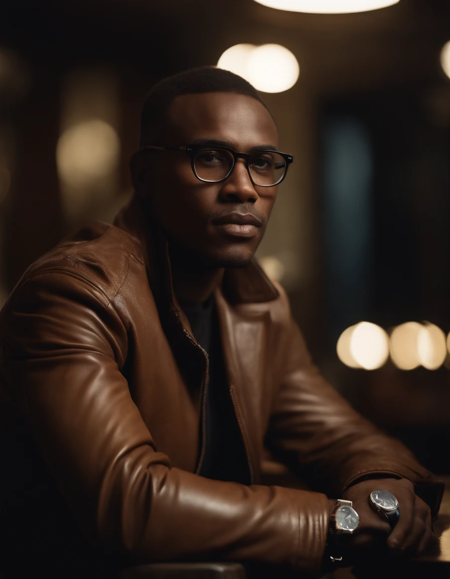 A bespectacled African mixed-race man wearing an elegant brown leather jacket, Andrew Sykut, Ultra High Definition Image, Montre punk, Photographie en studio, precision (mi-gros plan), beau visage, light face