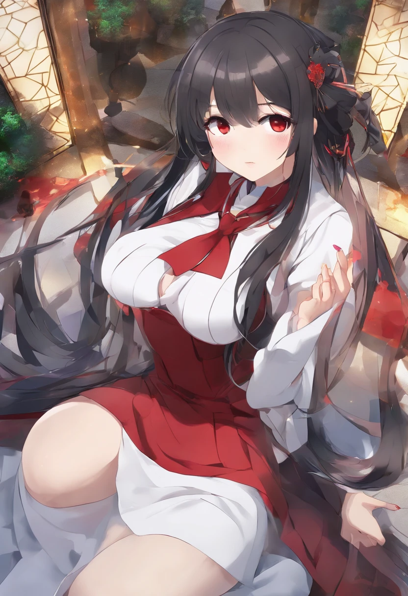 ((masterpiece)), ((best quality)), (ultra-detailed), absurdres, extremely detailed CG unity 8k wallpaper, Official Art, Accurate describe shapes, beautiful face, detailed hands, expressive eyes, (realistic), looking at viewer, solo, (in the city, scenery, illustration, dramatic light:1.1), (standing, seductive smile, seductive pose:1.2), (1girl, mature female, milf, motherly, curvy, huge breasts, black hair, brown eyes, long hair, very long eyelashes, forehead, red lips:1.4), (ancient, deity, revealing dress, tight clothes:1.3), ,((masterpiece)), absurdres, HDR