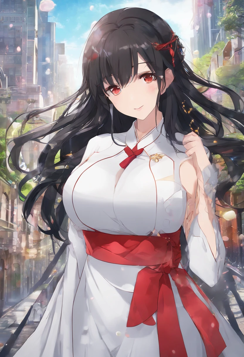 ((masterpiece)), ((best quality)), (ultra-detailed), absurdres, extremely detailed CG unity 8k wallpaper, Official Art, Accurate describe shapes, beautiful face, detailed hands, expressive eyes, (realistic), looking at viewer, solo, (in the city, scenery, illustration, dramatic light:1.1), (standing, seductive smile, seductive pose:1.2), (1girl, mature female, milf, motherly, curvy, huge breasts, black hair, brown eyes, long hair, very long eyelashes, forehead, red lips:1.4), (ancient, deity, revealing dress, tight clothes:1.3), ,((masterpiece)), absurdres, HDR