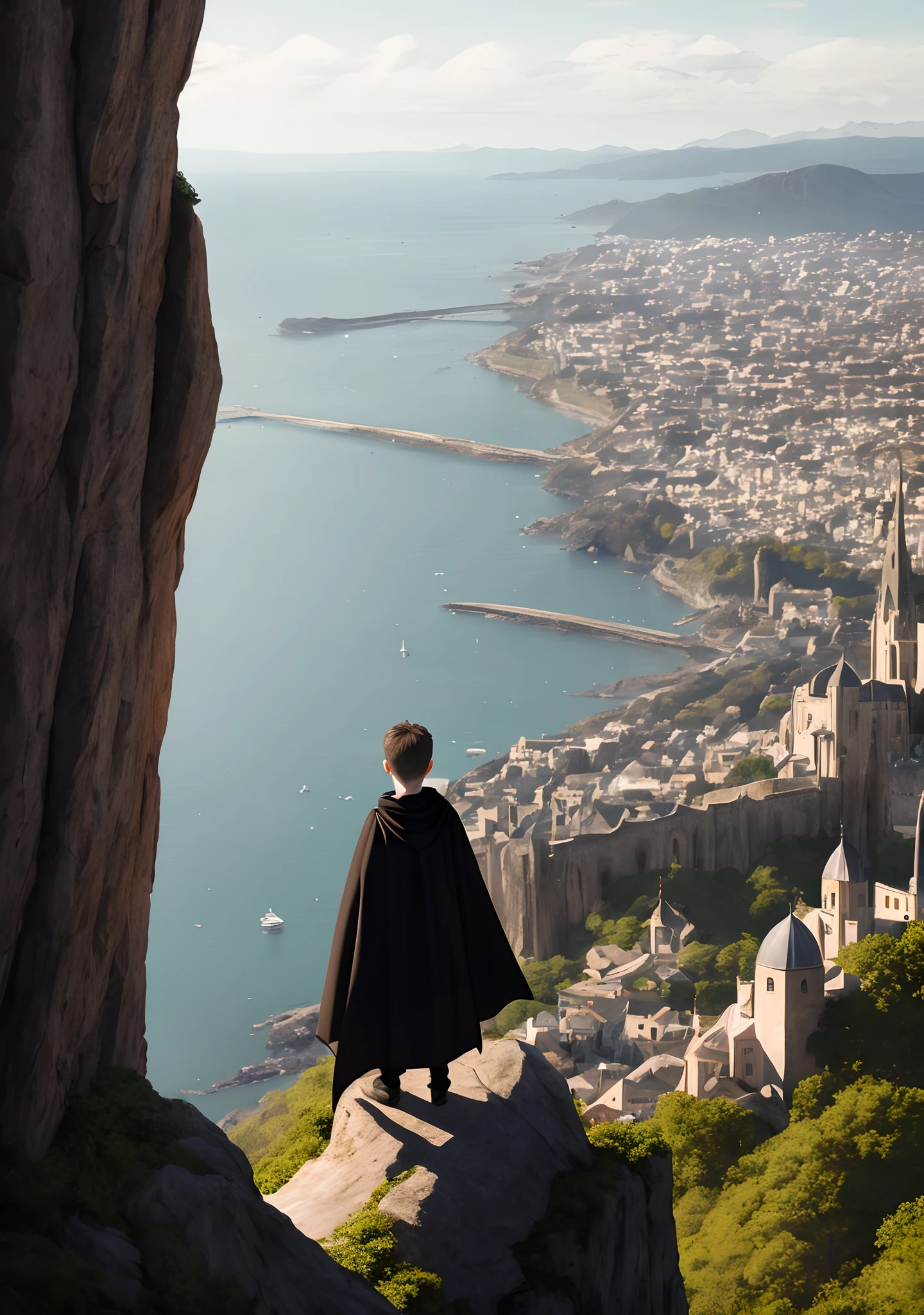 Two boy wearing dark cloak. Watching a city from a cliff. One boy is standing on a staff