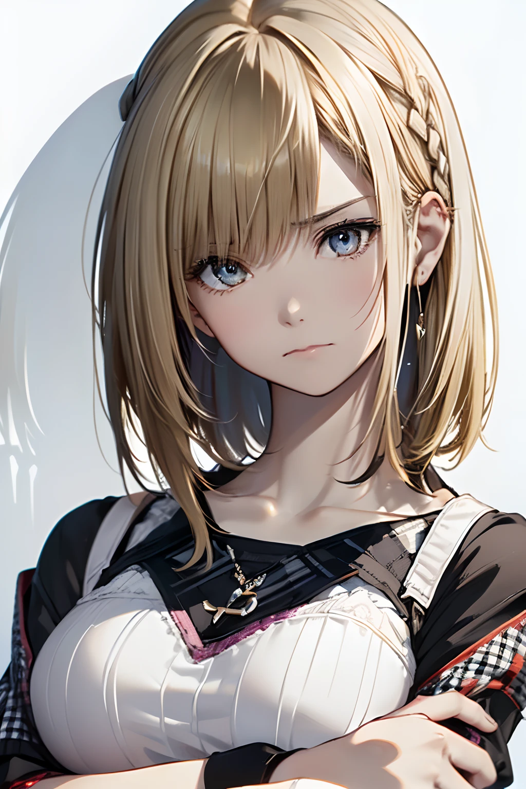 (Best Quality, 8K, Oil Painting, masutepiece:1.2), Ultra-detailed, (Realistic, Photorealistic:1.37), (((FULL BODYSHOT)))、(((Bright blonde hair)))、Vibrant colors、(((White and black tube top bra)))、(((Gingham plaid tube top bra)))、(((20Women of a certain age)))、(((Slightly visible chest)))、 (((a blond)))、(((Shoulder-length bob hair)))、((( White background)))、(((Girly Hairstyles)))、(((bobhair)))、(((In front of a white wall)))、(((frowns)))、(((Nothing on the top of the head)))、(((Arms crossed in front of the chest)))、(((Bad mood)))