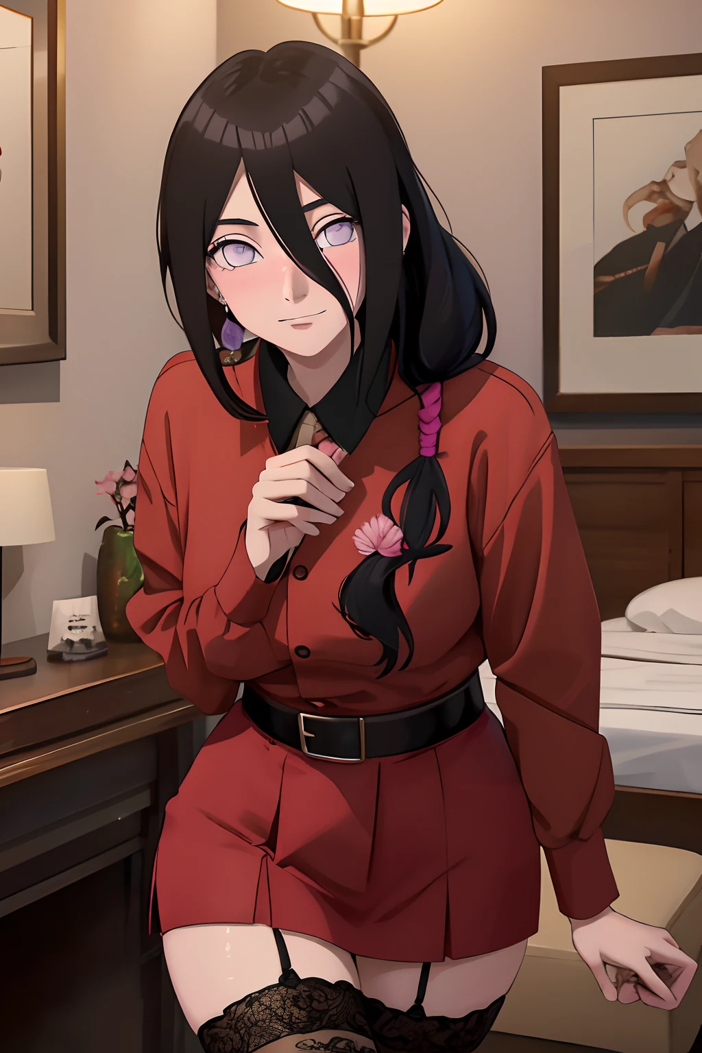 tmasterpiece, highly detailed, best qualtiy, 超高分辨率, 1girll, 独奏,(Hinata flower proportions:1),Long hair hanging low, Hair Band, Hana's purple eyes, pony tails, Beautiful, Beautiful woman, Perfect body, perfect breastm, view the viewer, Slight smile, Realism, Masterpiece, Textured skin, Super detail, High detail, High quality, Best quality, 16k,(Wear a police uniform,Wearing a police uniform),Being in a hotel,Take the whip,With a long whip,Enchanting pose,(Wearing black stockings),(perspire,Sweat a lot,Blushlush,Be red in the face,I had a lot of sweat on my face,Blushlush),(I had a lot of sweat on my face,Be red in the face,Blushlush,There is a blush on the face)