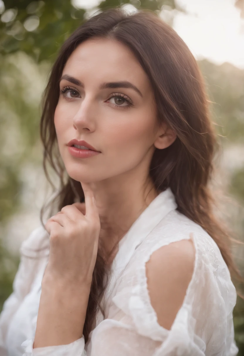 brunette 29 year old woman white shirt no bra selfie, duckface, kiss face