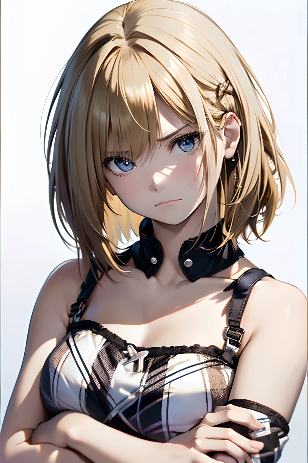 (Best Quality, 8K, Oil Painting, masutepiece:1.2), Ultra-detailed, (Realistic, Photorealistic:1.37), (((FULL BODYSHOT)))、(((Bright blonde hair)))、Vibrant colors、(((White and black tube top bra)))、(((Gingham plaid tube top bra)))、(((20Women of a certain age)))、(((Slightly visible chest)))、 (((a blond)))、(((Shoulder-length bob hair)))、((( White background)))、(((Girly Hairstyles)))、(((bobhair)))、(((In front of a white wall)))、(((frowns)))、(((Nothing on the top of the head)))、(((Arms crossed in front of the chest)))、(((Bad mood)))