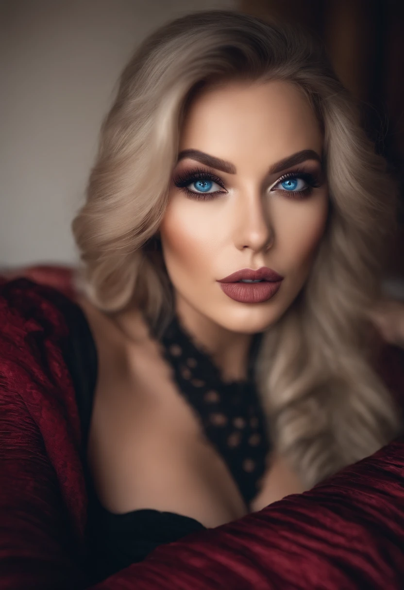 Arafed Frau komplett , Sexy girl with blue eyes,big lips, Ultra-realistisch, Akribisch detailliert, portrait sophie mudd, blonde hair and large eyes, Selfie einer jungen Frau, Kammeraugen, Violet Myers, Frei von Make-up, Natural makeup, Blick direkt in die Kamera, Gesicht mit Artgram, Dezentes Make-up, Great photo of the whole body kneeling on the bed, im Zimmer, medium to large bust size