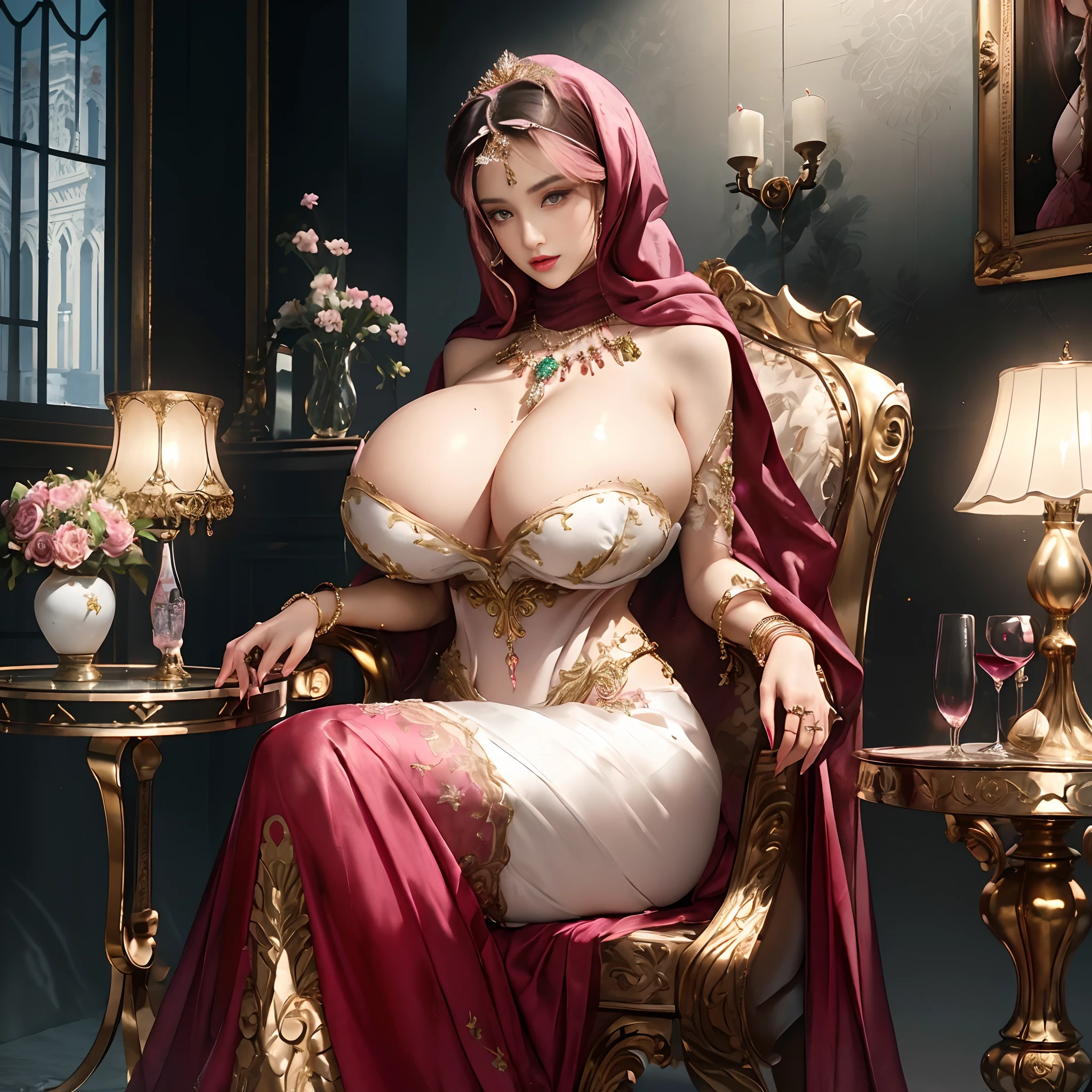(beautifull lady with gigantic breast, wear detail luxury pink hijab, elegantly sit on luxury chair, luxury pillow), (luxury blanket), (window with luxury frame), (luxury flower vase), (luxury small table and glass of wine), (luxury lamp), (luxury parfume bottle), (luxury ornament on the wall), (luxury candle), (beautifull painting on the wall), (luxury wall ornament), (detail pink strapless bra), (detail luxury kimono), (detail luxury garter belt), (detail luxury stocking), (detail luxury high heels), (luxury crown), (show cleaveage), (show underboobs) , (show sideboobs), (show thigh),(detail underboobs ornament), (detail luxury chest ornament), (detail luxury arm ornament), (detail hips ornament), (gigantic breast:1,9), beautifull face, beautifull eyes, beautifull nose, sexy lips, pink nails, raytracing, nsfw, beautifull fingers, beautifull hands, sexy belly, sexy body, sexy shoulders, sexy legs, sexy hips, (luxury bracelet), (luxury ring), (luxury necklace), white skin, (4 fingers in 1 hand), full body picture, pretty makeup, good lighting, realistic shadow, professional photography, pink and gold color scheme, 4k resolution, perfect anatomy, mouth gaged