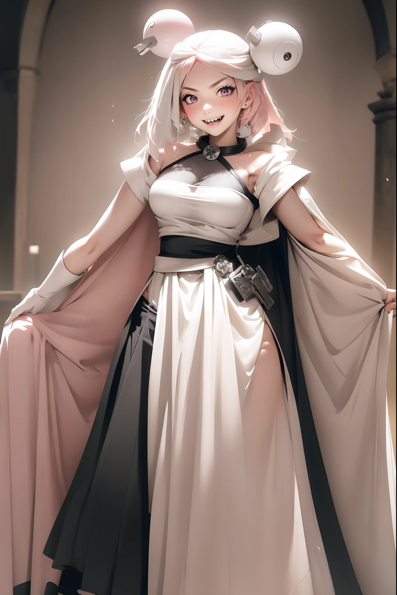 iono,1 girl,pink eyes,solo,smile,open mouth,fangs ,indoors,woman-medieval-clothes, priestess, sword holding, smile, long skirt, large skirt, full body