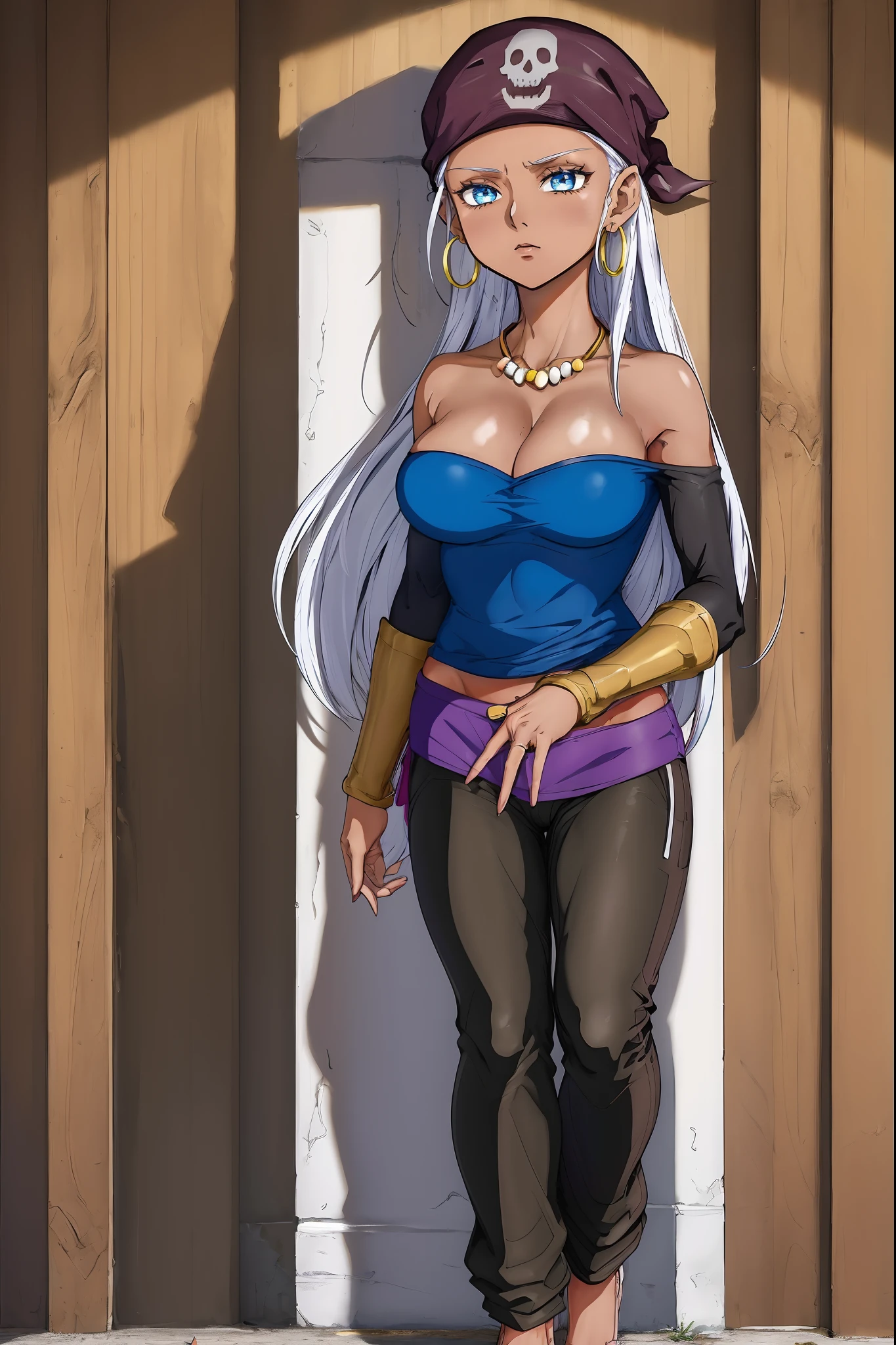 best quality, (masterpiece),(ultra-detailed), (high quality), (high resolution), 1girl, bandana, bandeau, blue eyes, cleavage, dark skin, dark-skinned female, earrings, eyelashes, hoop earrings, jewelry, long hair, medium breasts, pirate, solo, solo focus, white background, white hair, zola, full body standing, seriouse facial expresion, pants,