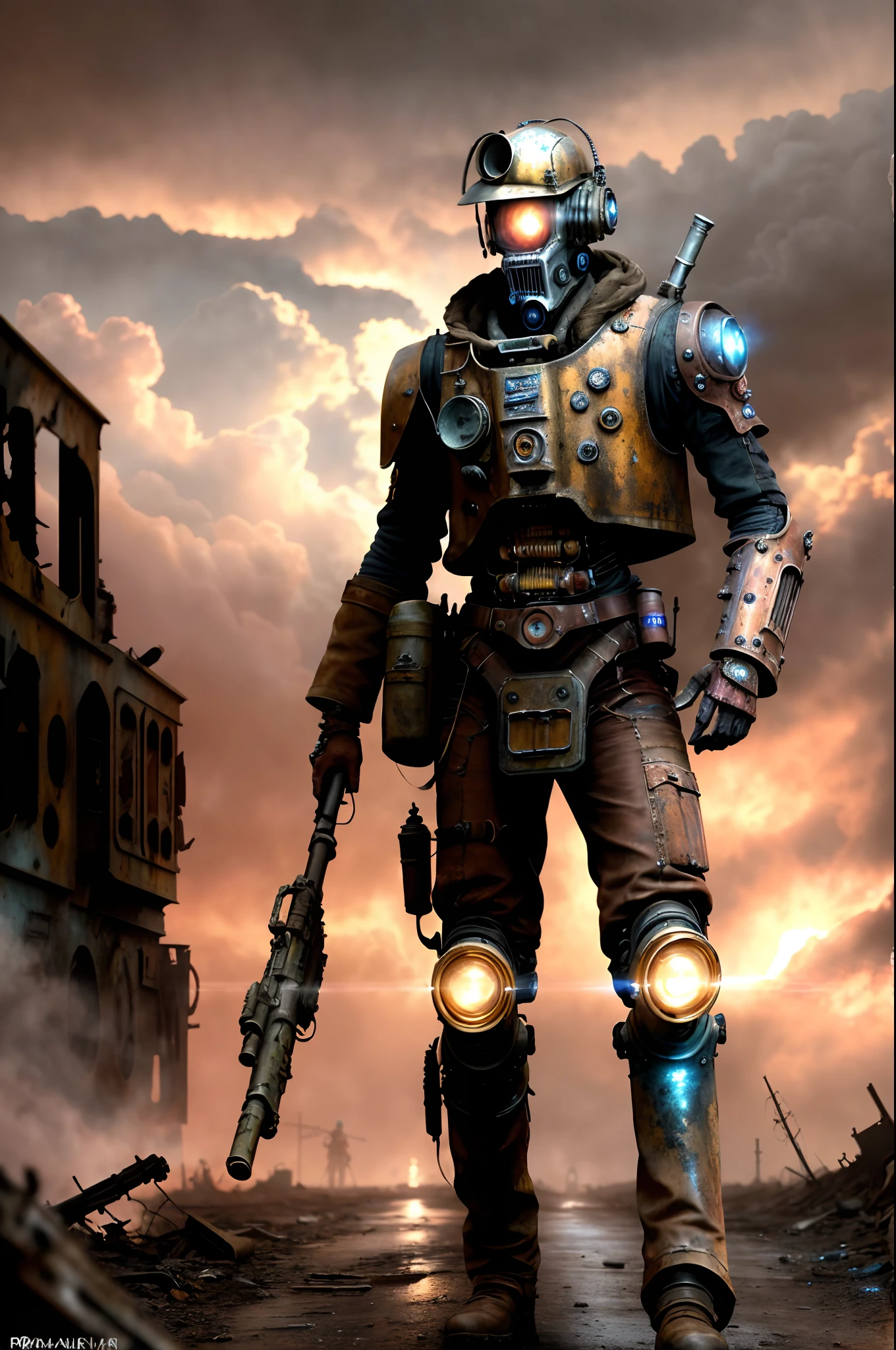 masterpiece, ultra detailed, 8K, Raw photo, Realistic light, Cinematic composition, skyscape with clouds, full colours nightfall, depth of field, 35 mm, postapocalyptic aura, steampunk aesthetic, rusty steampunk robot, droid, mechanic body, on the ruined street, (torn dirty steampunk clothing), holding a big gun, depth of field, (Focus: 1.2), dark atmosphere, in dinamic movement, cinematic lighting, detailed face, fine eyes, action movie style, vivid colours