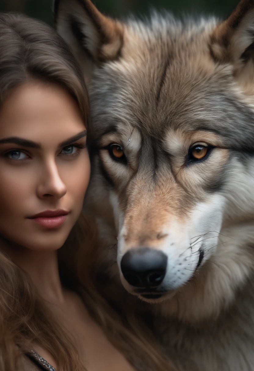 A huge wild gray wolf protecting a beautiful girl
(masterpiece: 1.5) (photorealistic: 1.1) (bokeh) (best quality) (detailed skin texture pores hair: 1.1) (intricate) (8k) (HDR) (wallpaper) (cinematic lighting) (sharp focus )