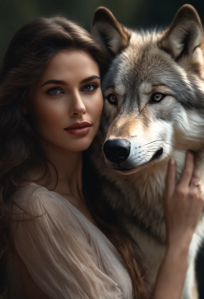 A huge wild gray wolf protecting a beautiful girl
(masterpiece: 1.5) (photorealistic: 1.1) (bokeh) (best quality) (detailed skin texture pores hair: 1.1) (intricate) (8k) (HDR) (wallpaper) (cinematic lighting) (sharp focus )