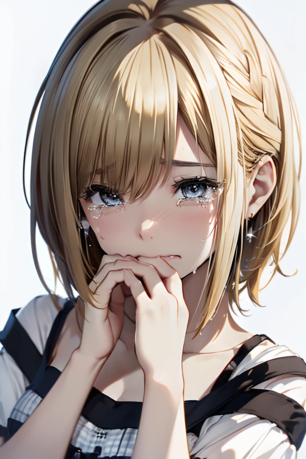 (Best Quality, 8K, Oil Painting, masutepiece:1.2), Ultra-detailed, (Realistic, Photorealistic:1.37), (((FULL BODYSHOT)))、(((Bright blonde hair)))、Vibrant colors、(((White and black tube top bra)))、(((Gingham plaid tube top bra)))、(((20Women of a certain age)))、(((Slightly visible chest)))、 (((a blond)))、(((Shoulder-length bob hair)))、((( White background)))、(((Girly Hairstyles)))、(((bobhair)))、(((In front of a white wall)))、(((Crying)))、(((Nothing on the top of the head)))、(((I'm rubbing my eyes with my hands)))、(((Tears are flowing down my cheeks)))
