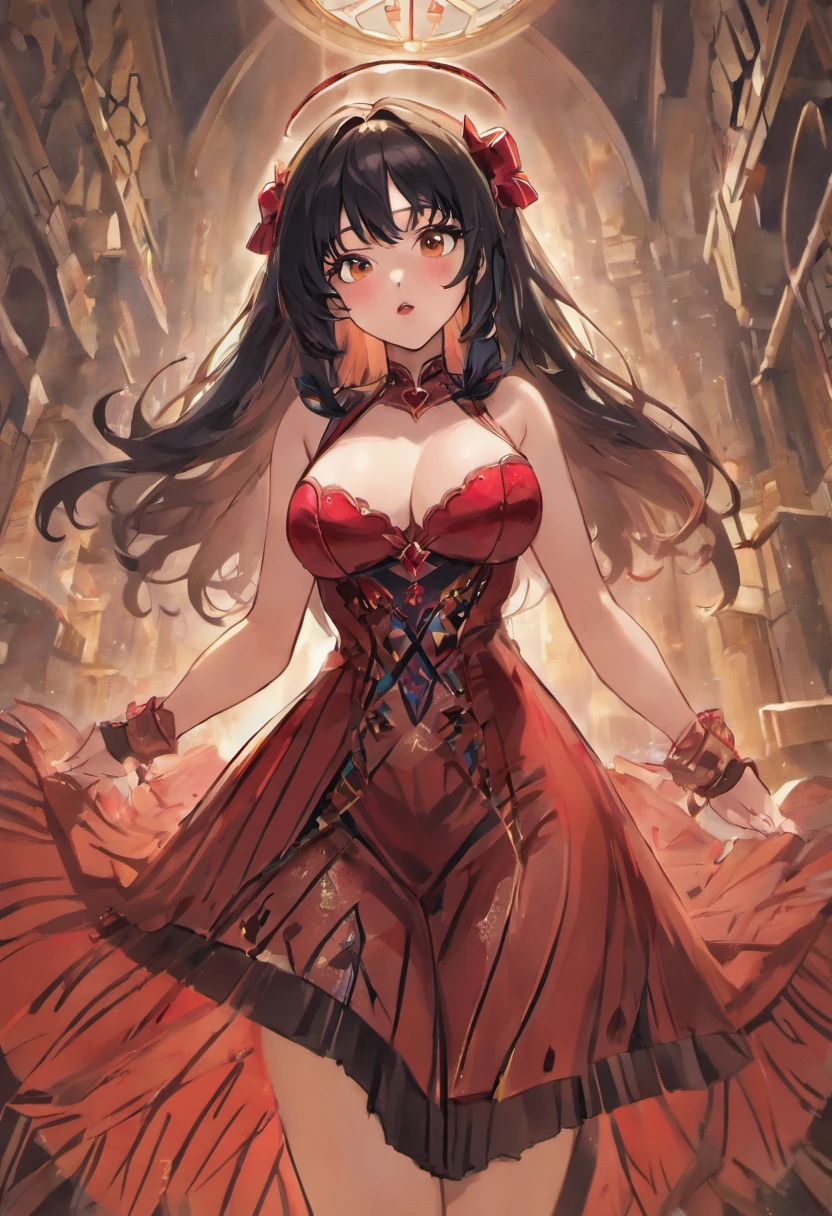 ((masterpiece)), ((best quality)), (ultra-detailed), absurdres, extremely detailed CG unity 8k wallpaper, Official Art, Accurate describe shapes, beautiful face, detailed hands, expressive eyes, (realistic), looking at viewer, solo, (in the city, scenery, illustration, dramatic light:1.1), (standing, seductive smile, seductive pose:1.2), (1girl, mature female, milf, motherly, curvy, huge breasts, black hair, brown eyes, long hair, very long eyelashes, forehead, red lips:1.4), (ancient, deity, revealing dress, tight clothes:1.3), ,((masterpiece)), absurdres, HDR