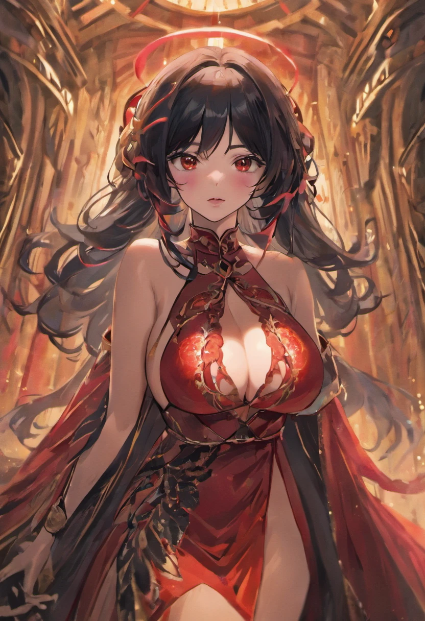 ((masterpiece)), ((best quality)), (ultra-detailed), absurdres, extremely detailed CG unity 8k wallpaper, Official Art, Accurate describe shapes, beautiful face, detailed hands, expressive eyes, (realistic), looking at viewer, solo, (in the city, scenery, illustration, dramatic light:1.1), (standing, seductive smile, seductive pose:1.2), (1girl, mature female, milf, motherly, curvy, huge breasts, black hair, brown eyes, long hair, very long eyelashes, forehead, red lips:1.4), (ancient, deity, revealing dress, tight clothes:1.3), ,((masterpiece)), absurdres, HDR