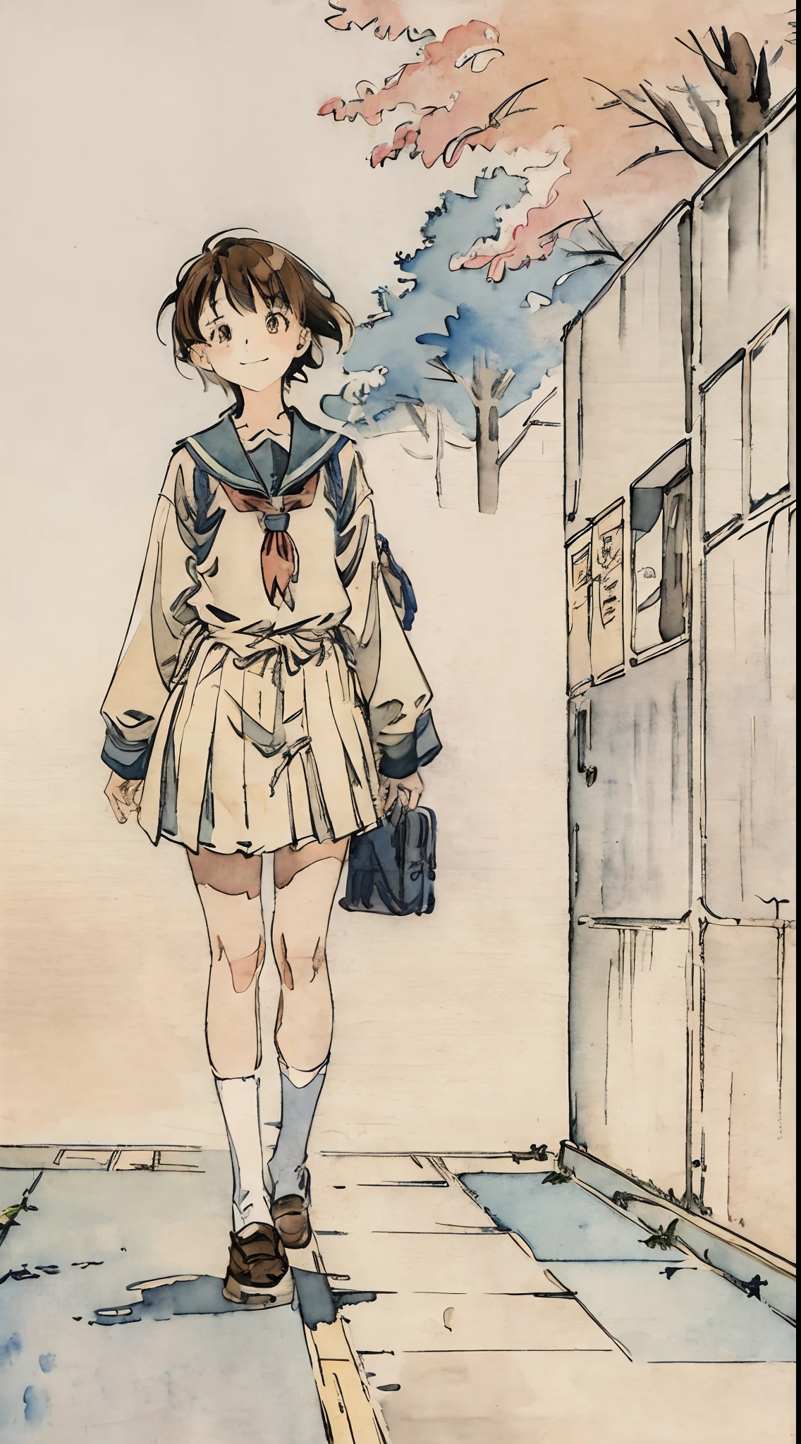 school classrooms、Watercolor style、Pale colors、hand painted style, **** student、hi-school girl、School route、carrying a schoolbag、Walking Girl Japan、posterior view、Looks Back、high-school uniform、A smile、frontage、The upper part of the body、Brown hair、short-hair、cowboy  shot