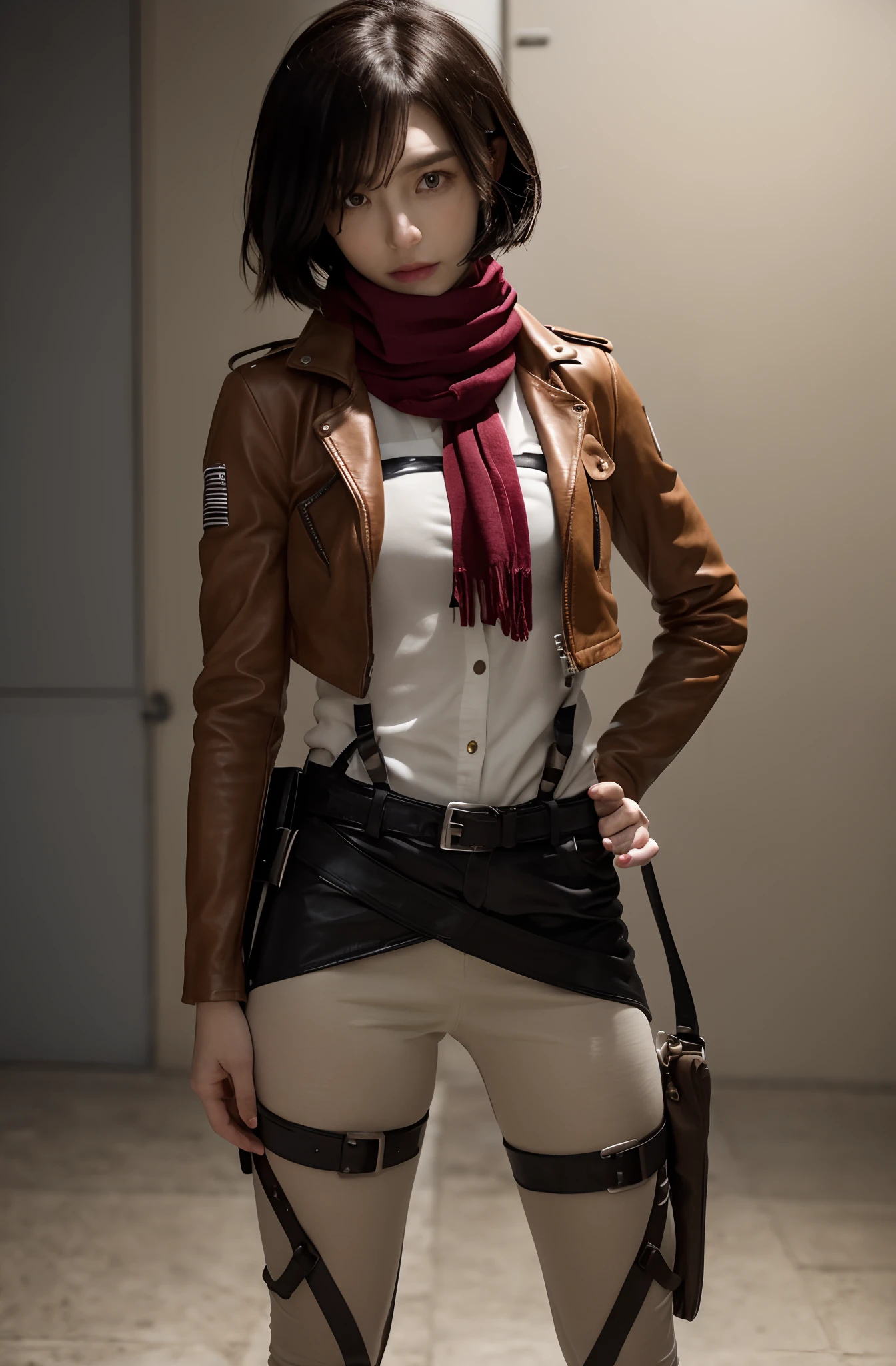 araffed woman in a leather jacket and scarf posing for a picture, from attack on titan, full-cosplay, mikasa ackerman, looking like annie leonhart, realistic cosplay, in attack on titan, cosplay, female protagonist 👀 :8, anime girl cosplay, annie leonhart, professional cosplay, attack on titan anime style, anime cosplay