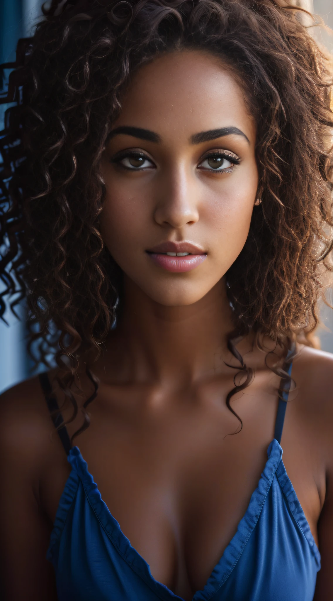 Masterpiece. Best quality, Young woman with brown skin with green eyes and curly hair posing for a photo, Belle jeune fille, Belle image de tout son corp, photo of a beautiful woman, visage et yeux parfaits, belle jeune femme, Belle photo de tout son corp, beautiful model girl, extremely beautiful face, Very beautiful young woman, beautiful girl model, Beautiful 8K UHD lighting, DSLR, High quality, grain du film, Fujifilm XT3