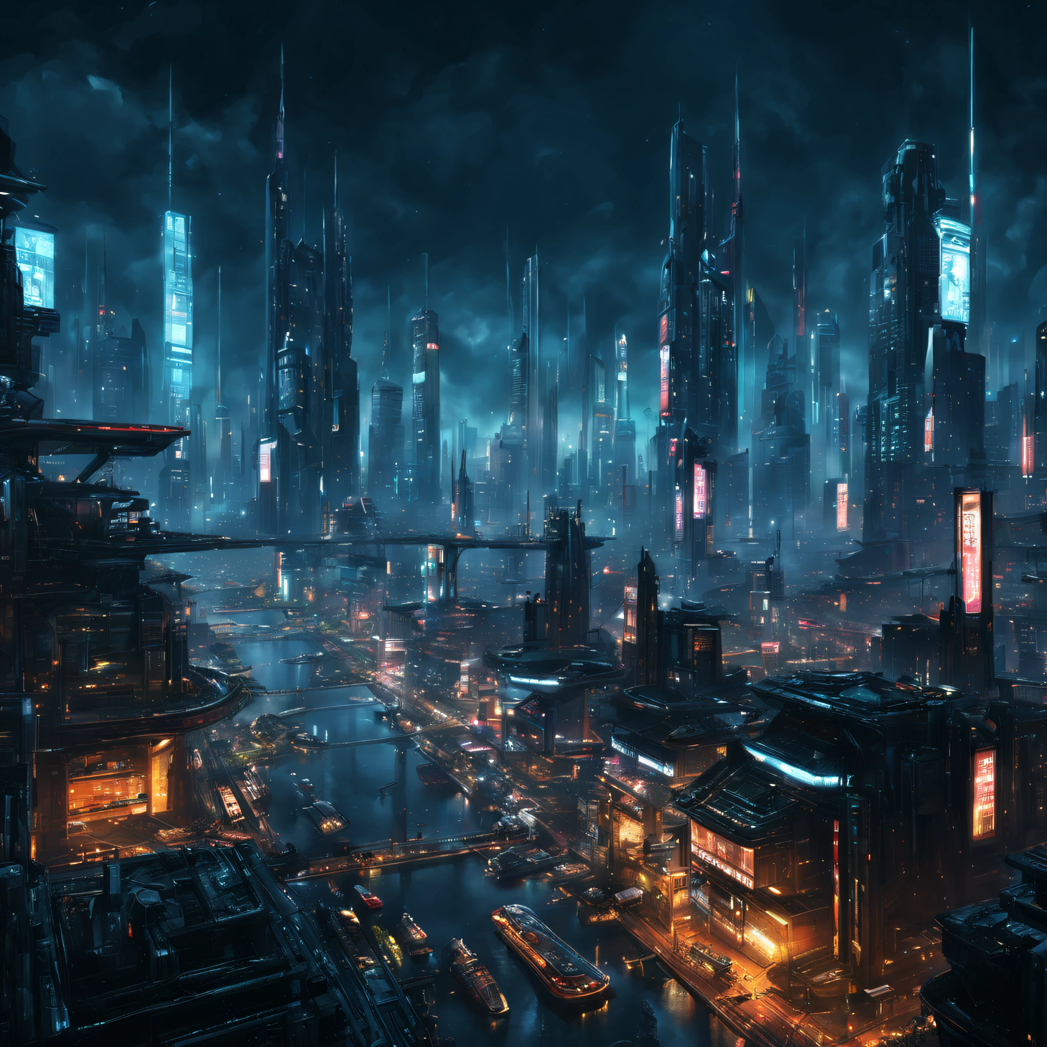 Futuristische Stadt mit futuristischen Raketen und Wolkenkratzern bei Nacht, Cyberpunk Blade Runner Kunst, Futuristisches Cyberpunk-Szenario, Science-Fiction-Stadt, Science-Fiction-Stadt, Science-Fiction-Stadt, busy cyberpunk metropolis, Futuristische dystopische Stadt, Sci-Fi-Digitalmalerei, futuristische Cyberpunk-Stadt, scifi nightscape, Cyberpunk-Metropole, Cyberpunk Stadt, Digitales Science-Fiction-Malen, in Cyberpunk City