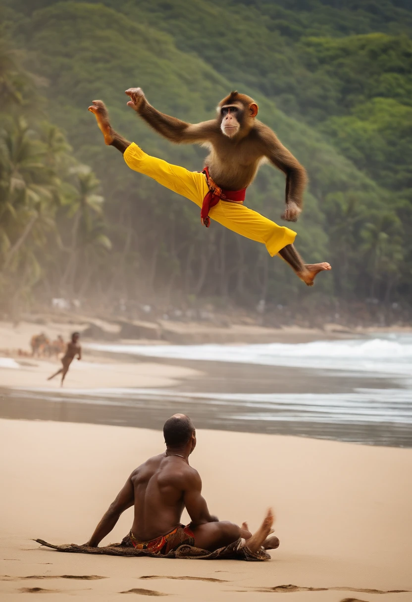 A monkey-headed human fighting capoeira on a beach in Brazil