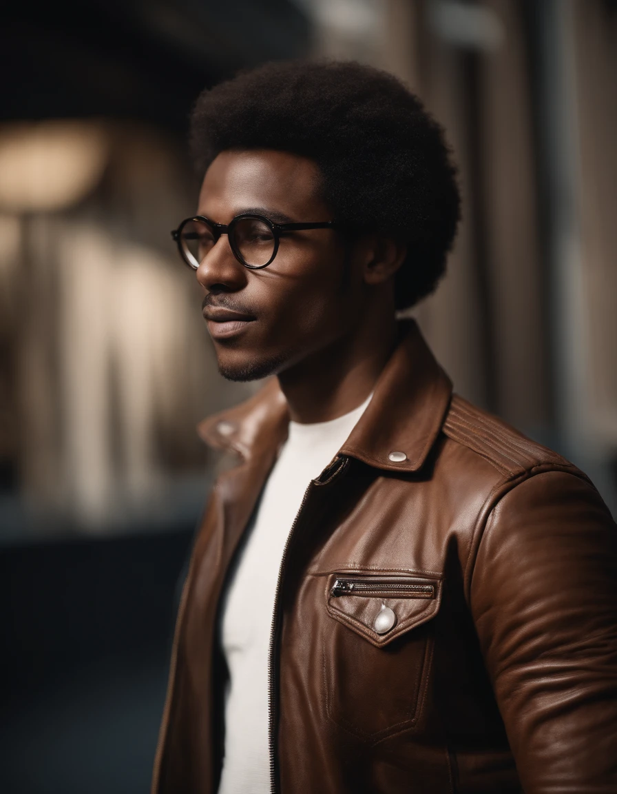 A bespectacled mixed-race African man with beautiful hair dressed in an elegant brown leather jacket, Andrew Sykut, Ultra High Definition Image, Montre punk, Photographie en studio, precision (mi-gros plan), beau visage, light face