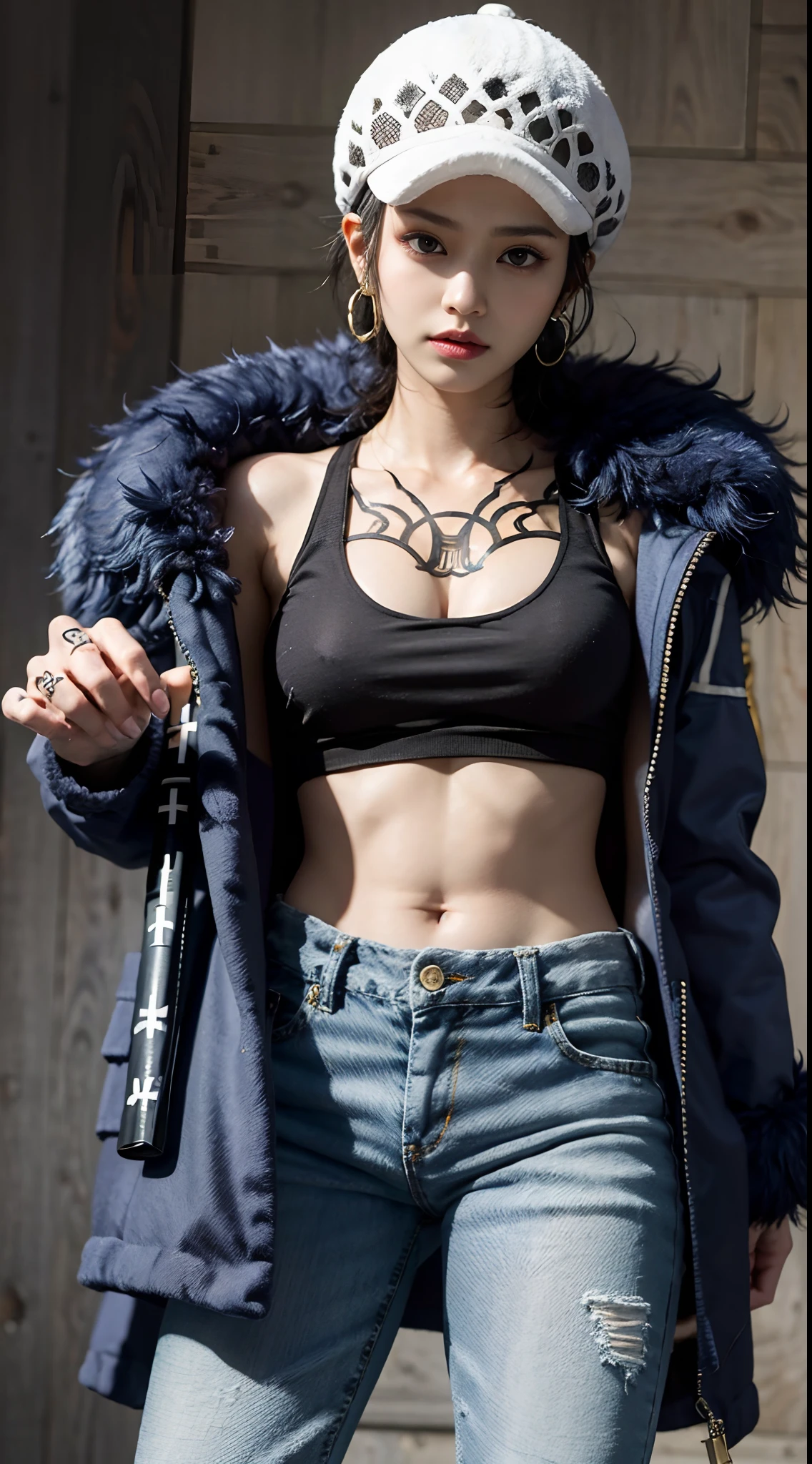 Beautiful Girl, Korean makeup, masterpiece, best quality, 8k,highestres, absurdres, extremely detailed, female trafalgar law, 1girl, 1sword, solo, looking at viewer, short hair, medium breasts, hat, navel, cleavage, collarbone, earrings, midriff, pants, coat, fur trim, denim, jeans, shoulder tattoo, hand tattoo, finger tattoo, black fur-trimmed coat, coat on shoulders, yellow tank top,///,