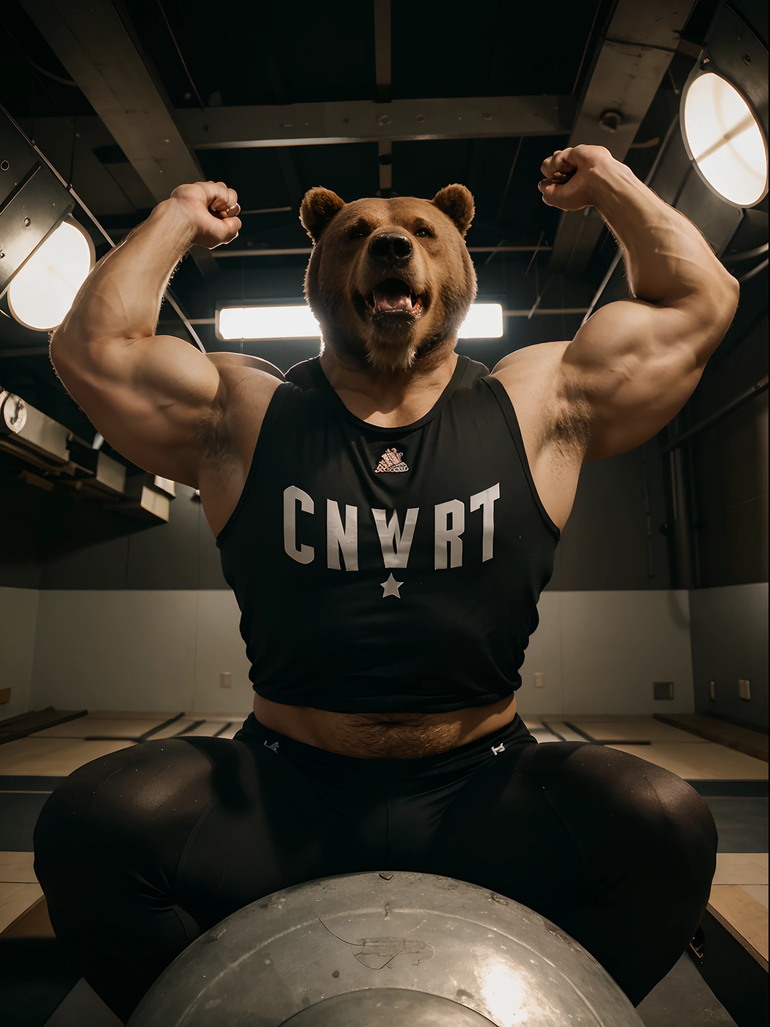 the logotype showcases a strong and fierce character, featuring a muscular bear in a tank top, growling while looking upwards. fired background. all composition inside a perfect circle. looks like emblems for best top design sport equipment. composition with many air, so it can be cut out stroke