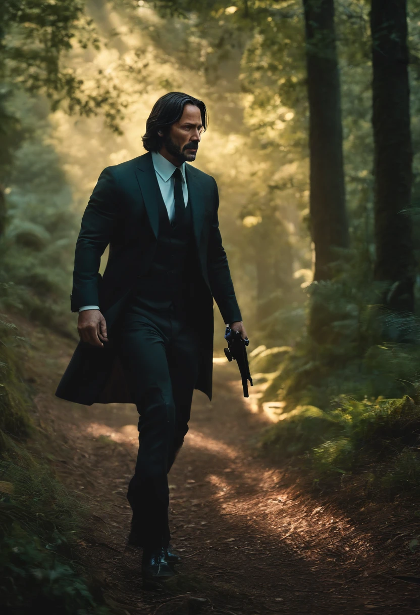 (best quality,4k,8k,Altas,master part:1.2),ultra-detalhado,(Realistic,fotorrealista,photo-realistic:1.37),john wick,cabelo preto,dando tiros de pistola brilhantes,mystic forest,illustration,atmosfera encantada,cores vibrantes,soft lighting