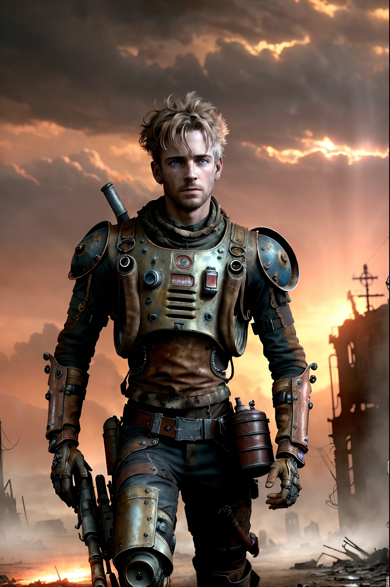 masterpiece, ultra detailed, 8K, Raw photo, Realistic light, Cinematic composition, skyscape with clouds, full colours nightfall, depth of field, 35 mm, postapocalyptic aura, steampunk aesthetic, rusty steampunk robot, droid, mechanic body, on the ruined street, (torn dirty steampunk clothing), holding a big gun, depth of field, (Focus: 1.2), dark atmosphere, in dinamic movement, cinematic lighting, detailed face, fine eyes, action movie style, vivid colours