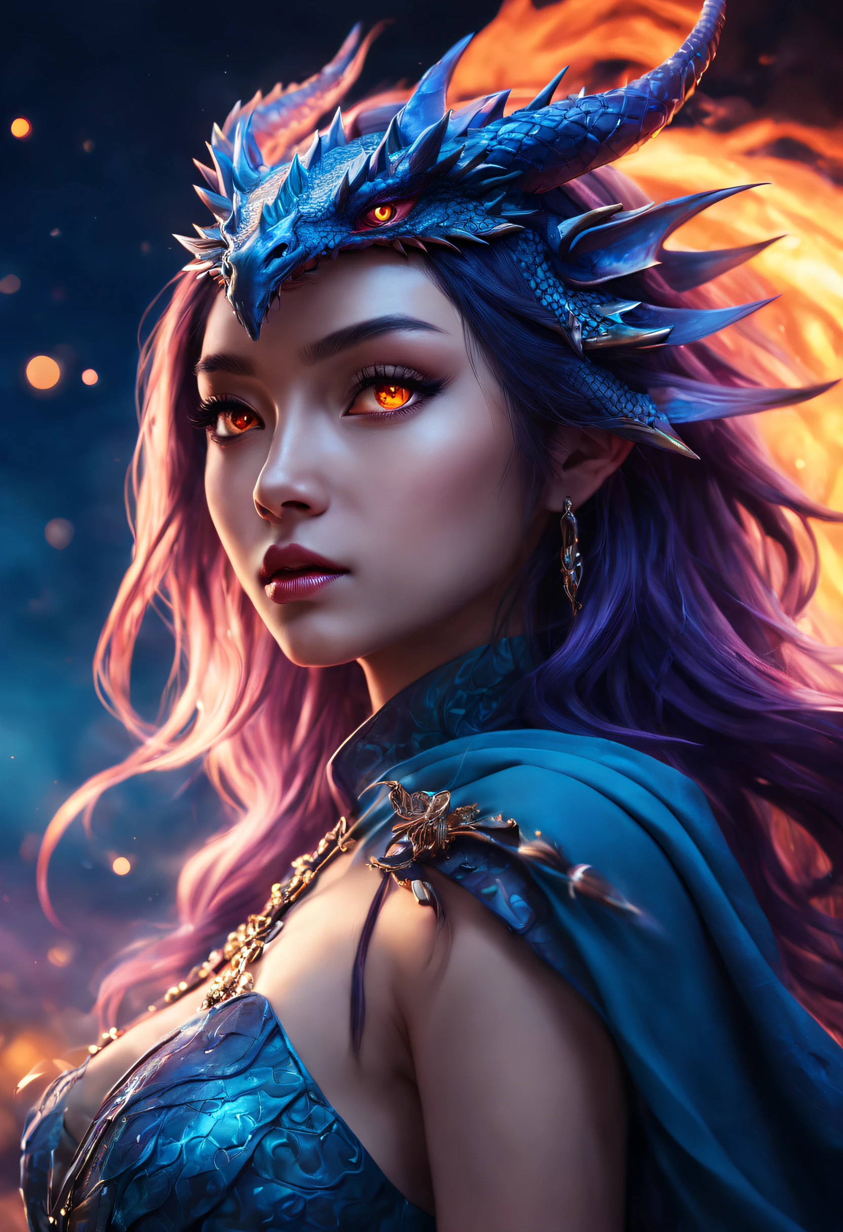 Masterpiece, The best quality surreal mixed fantasy,(1 Dragon:1.3) Behind her is an Asian woman with a glowing sword,Void Energy Diamond Sword, Deep sky blue and light sky blue style, Mixed reality and fantasy elements, Vibrant comics, UHD image, Glassy translucent, lively illustrations, Ultra photo realsisim, Long hair, Straight hair, Light purple hair,Head ornament, jewely, Shawl,Light in Eyes, Red eyes, Portrait, Firefly, Bokeh, mysterious, fantasy, Cloud, abstracted, Colorful background, Night sky, Flame, Very detailed, high resolution, Sharp, Sharp images, 4K, 8K, Masterpiece, Best quality, Magic effects, (High contrast:1.4), Dream art, Diamond, skin detailed, detail in face, eye detailed, Mysterious colorful background, dark blue theme