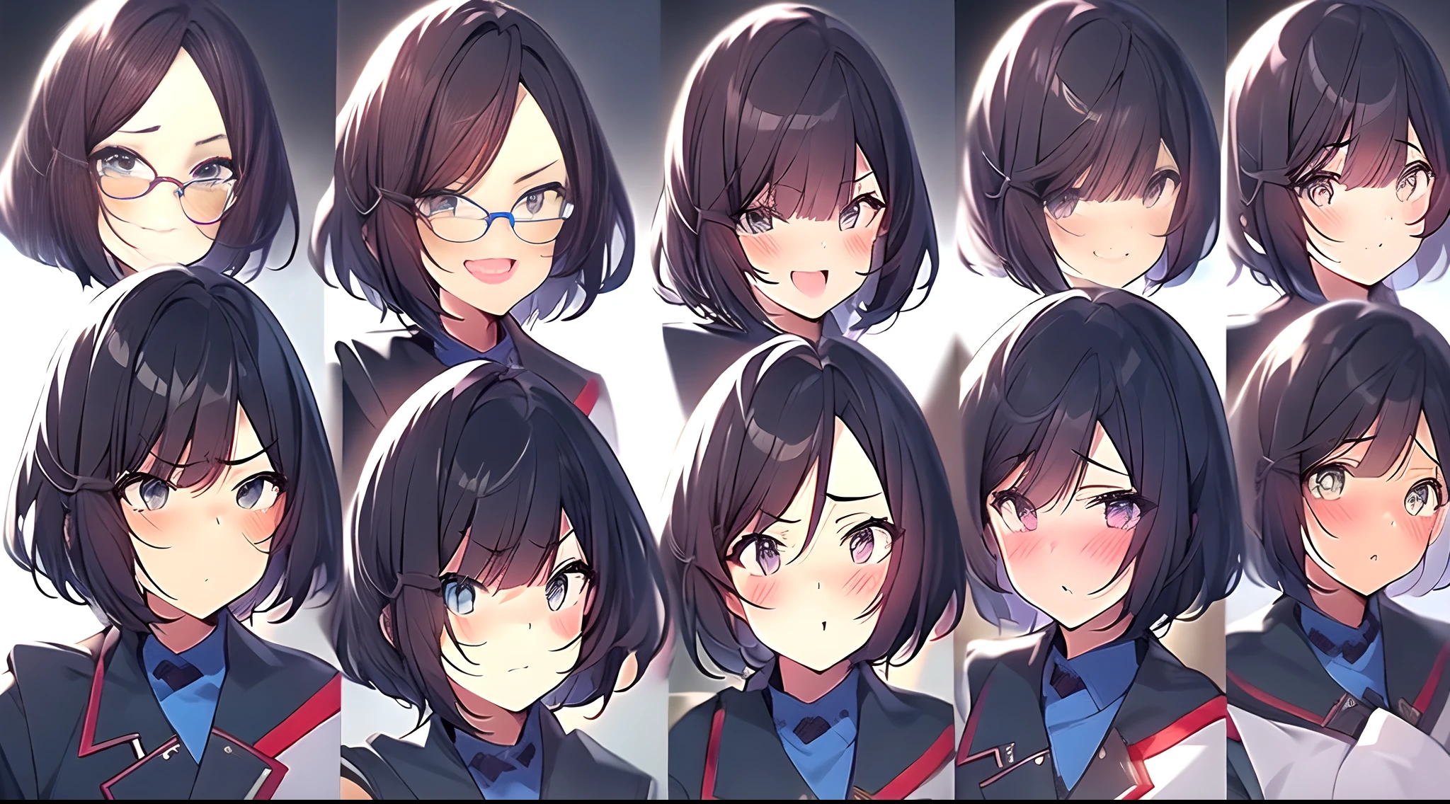 1girll,looking toward the viewer,greybackground,face expression,The same person,9 Facial expressions,grid,Exposed short hair,cheveux gris courts,Purple eyes,Smile,Laughing,Crying,Tired,Sly laughter,Shy,face expressionless,Surprised,half-body portrait,Break,black black jacket,smiling wryly,Best quality,Masterpiece,Highly detailed,Super detailed,8K