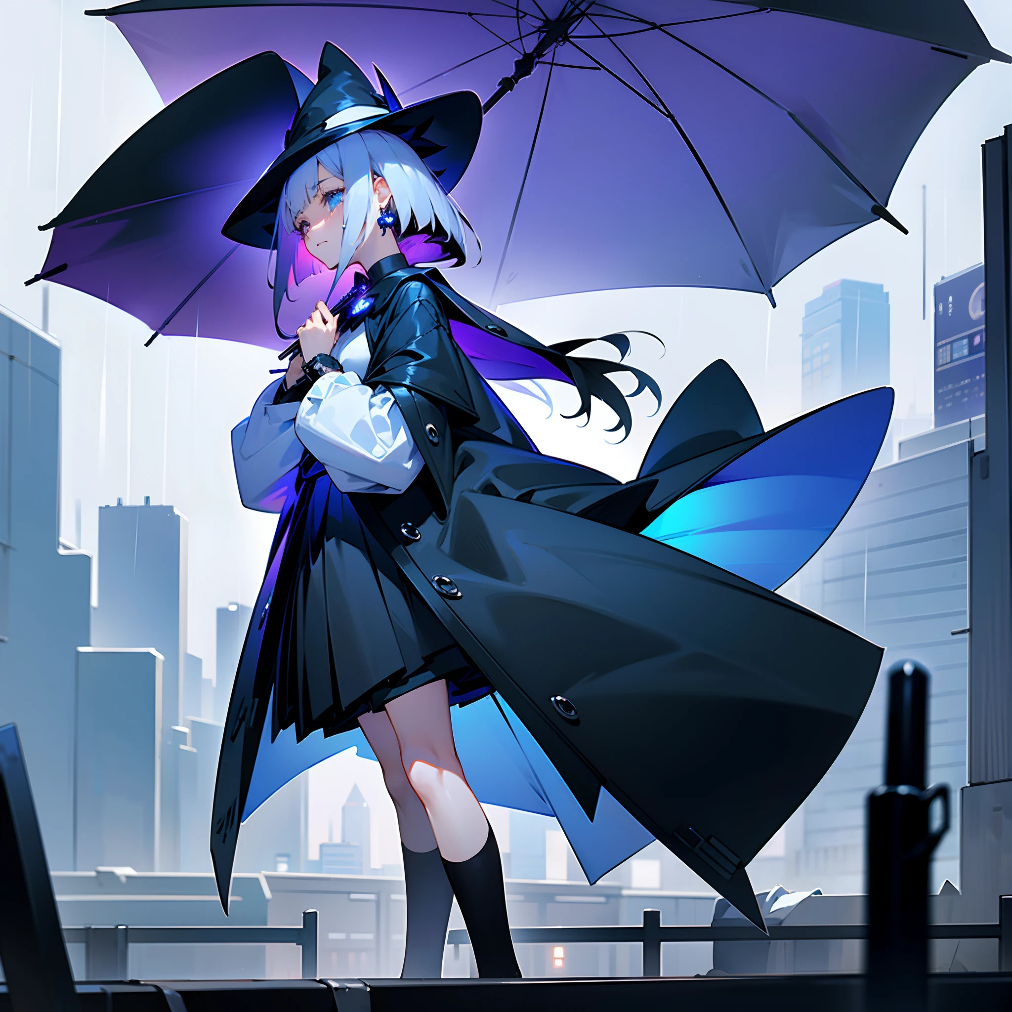 Rainy nights、An urban area lined with buildings、Standing Girl、Black coat、white t-shirts、a black skirt、White long bob hair with blue-violet mesh、Crying while looking upwards、Big black witch hat with sapphire accessories