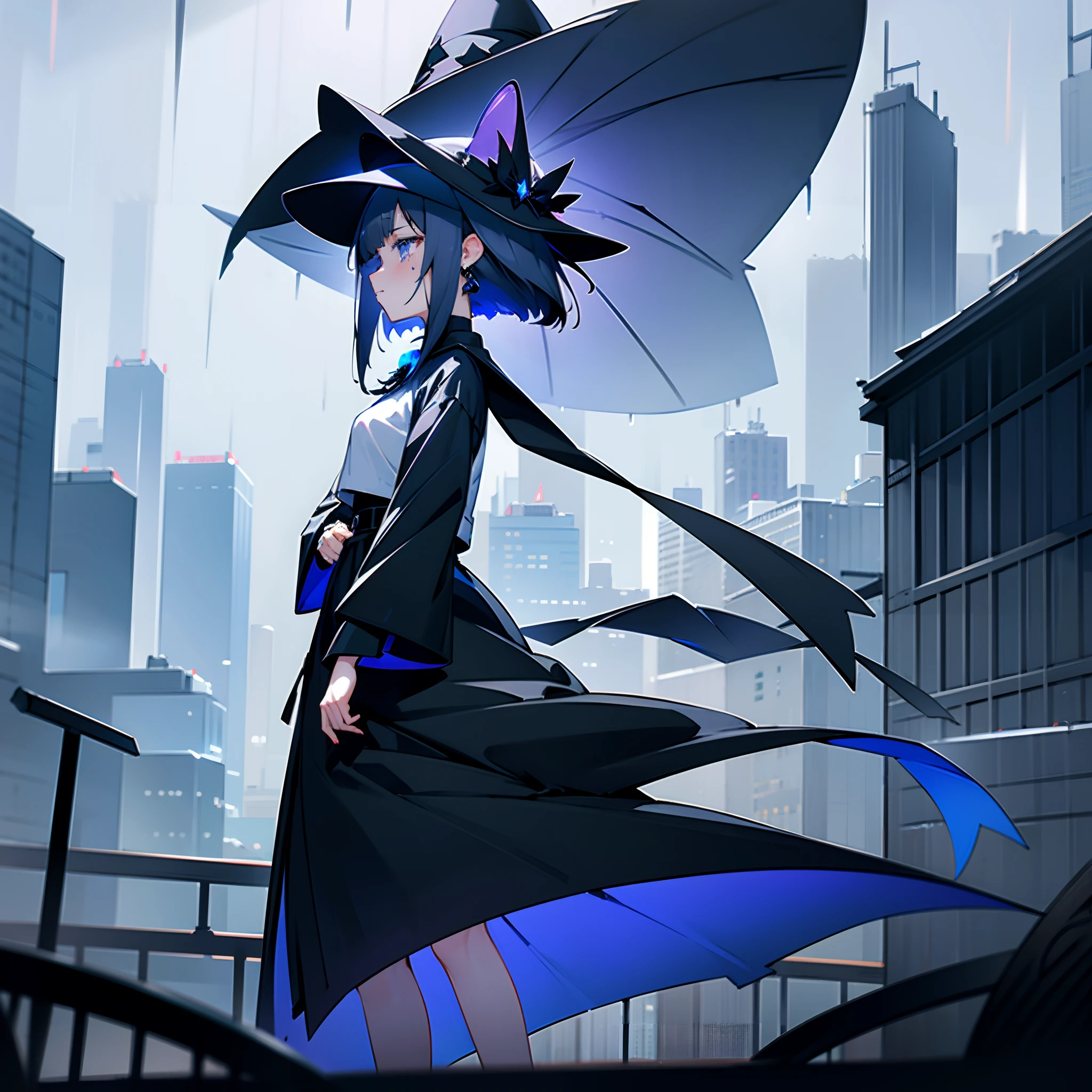 Rainy nights、An urban area lined with buildings、Standing Girl、Black coat、white t-shirts、a black skirt、White long bob hair with blue-violet mesh、Crying while looking upwards、Big black witch hat with sapphire accessories